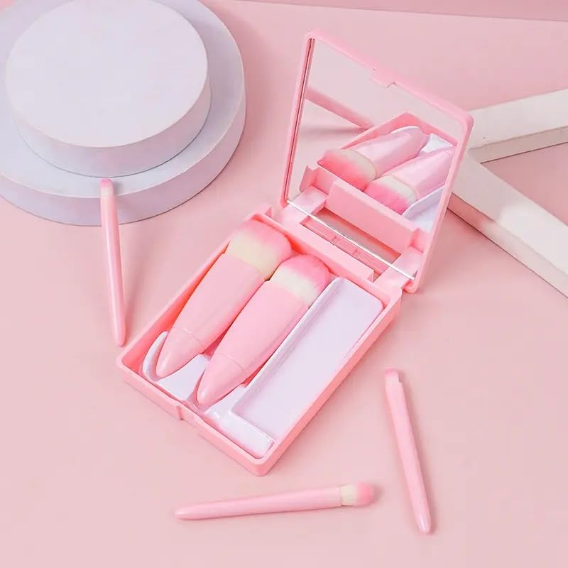 5-Piece Mini Travel Makeup Brush Set with Mirror - Compact Cosmetic Brushes for Foundation, Powder, Concealer, Eyebrow, Eyeshadow, Blush & Lip Gloss | Perfect for On-the-Go Touchups, Travel Kits & Small Makeup Bags