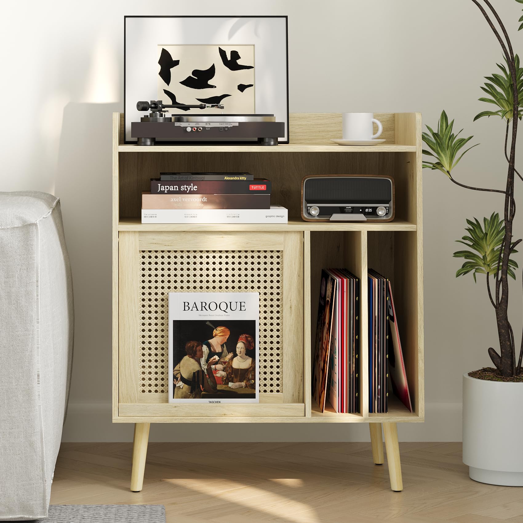 Vintage Record Player Stand with Vinyl Storage & Rattan Cabinet Door - Solid Wood Turntable Side Table with Storage Shelf for Living Room, Bedroom & Music Room - Perfect for Vinyl Collectors & Audiophiles