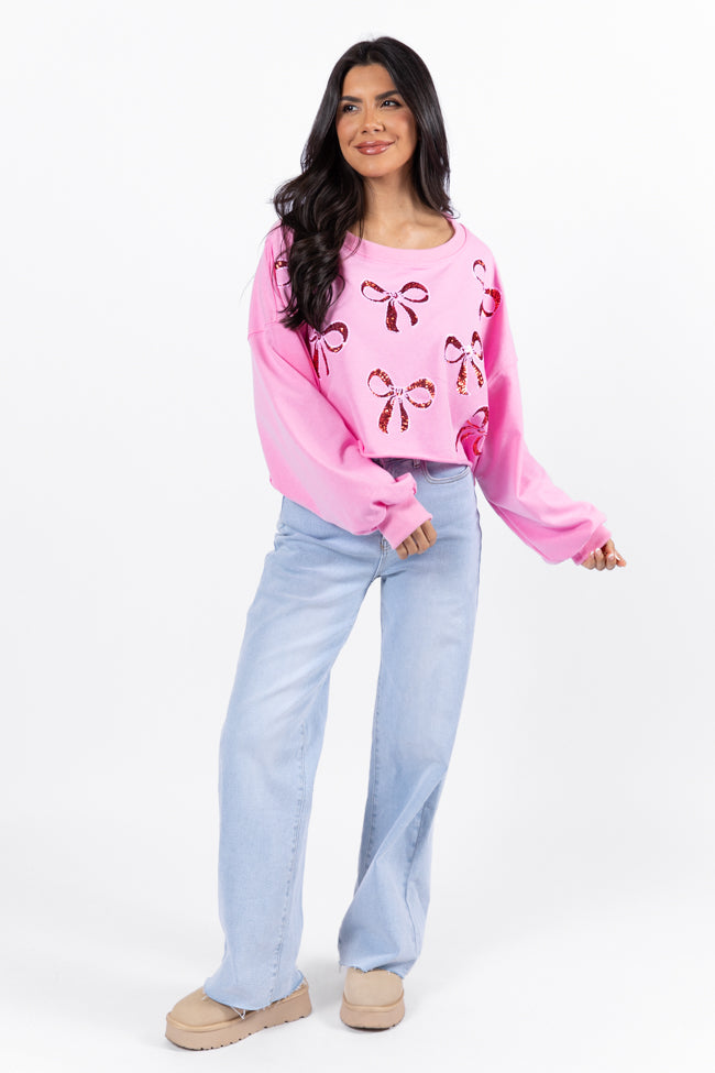 Pink Sequin Bow Patch Cropped Sweatshirt for Women - Trendy Wrapped Around My Finger Design - Perfect for Parties, Date Nights & Casual Outfits - Final Sale