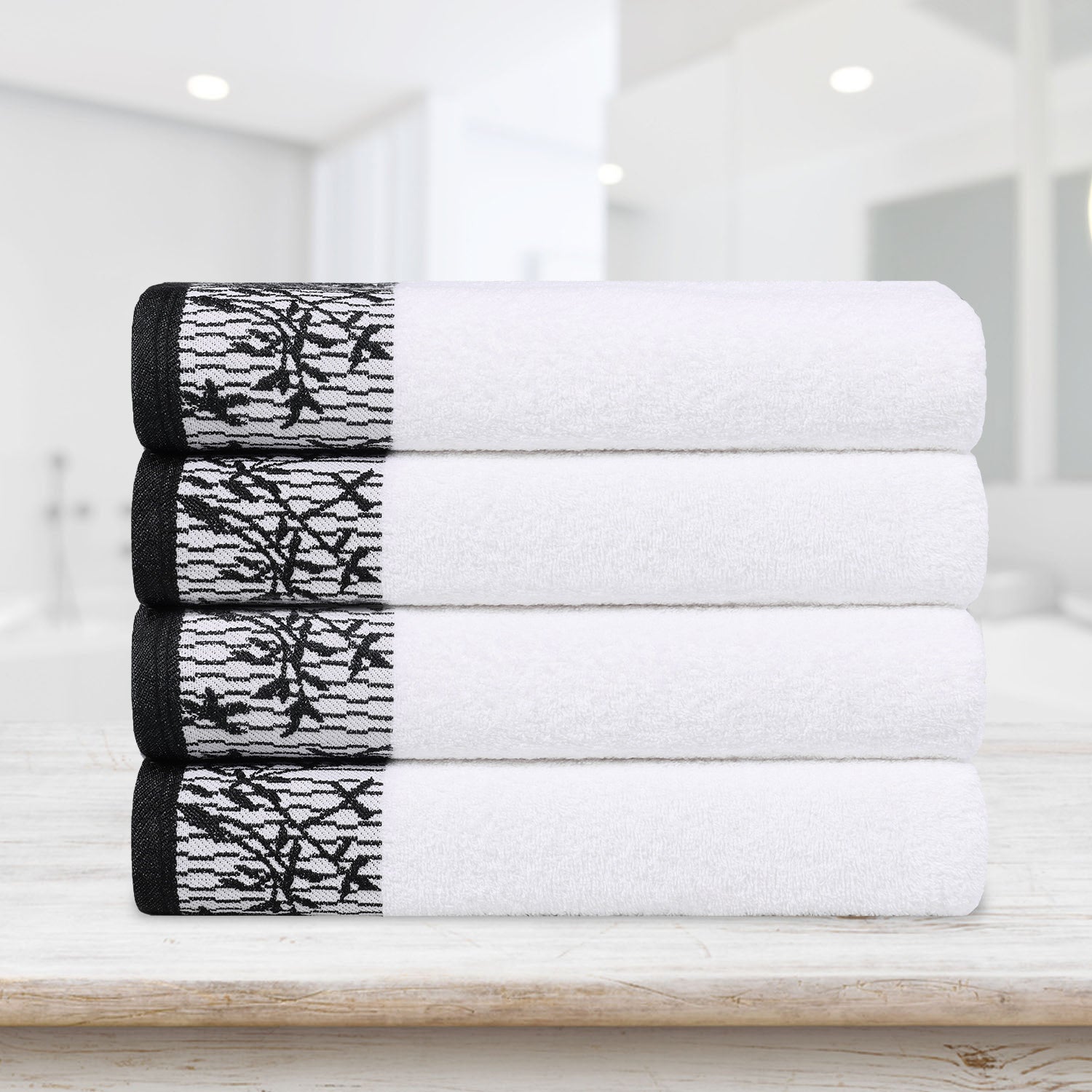Premium Wisteria Cotton Floral Embroidered Jacquard Border Bath Towel Set of 4 - Ultra Soft & Absorbent Luxury Towels for Spa, Bathroom & Guest Use