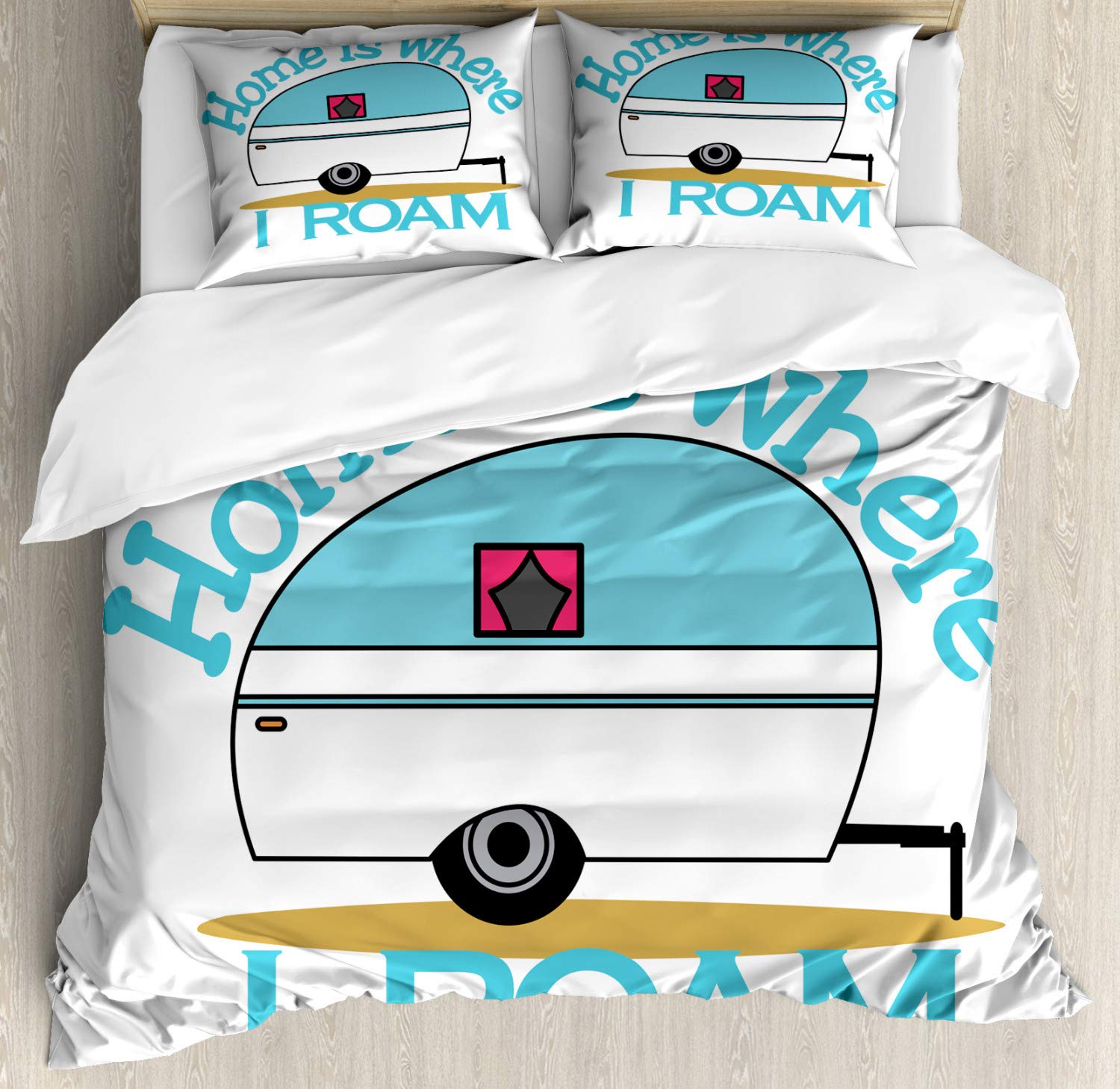 Ambesonne Adventure Duvet Cover Set - 'Home is Where I Roam' Camper Theme Bedding | 3-Piece Queen Size Set with 2 Pillow Shams | White & Turquoise Printed Design | Perfect for RV Camping, Glamping & Outdoor Enthusiast Bedrooms