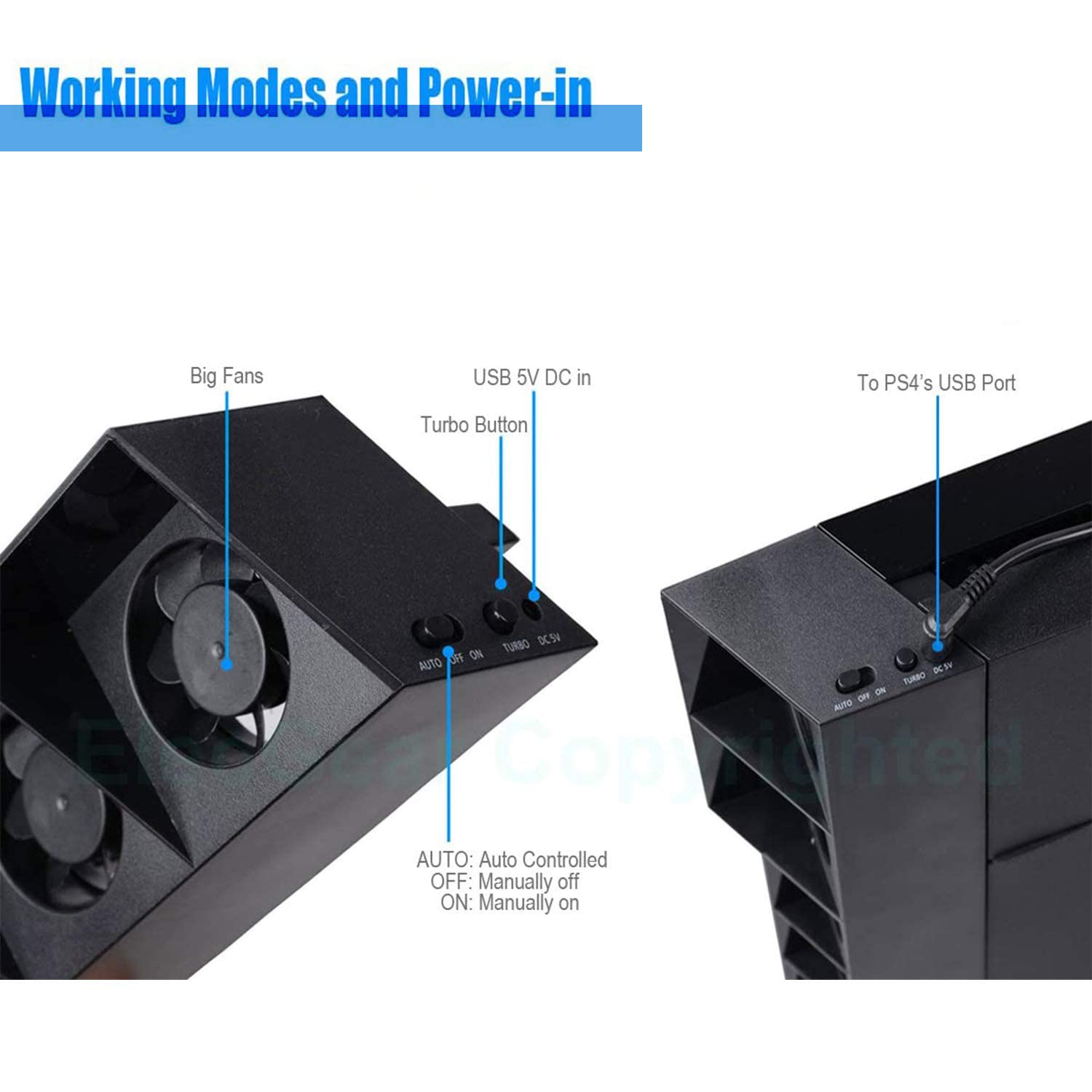 PS4 Cooling Fan - USB External Cooler with 5 Auto Turbo Fans & Temperature Control for Sony PlayStation 4 Console | Prevent Overheating for Long Gaming Sessions