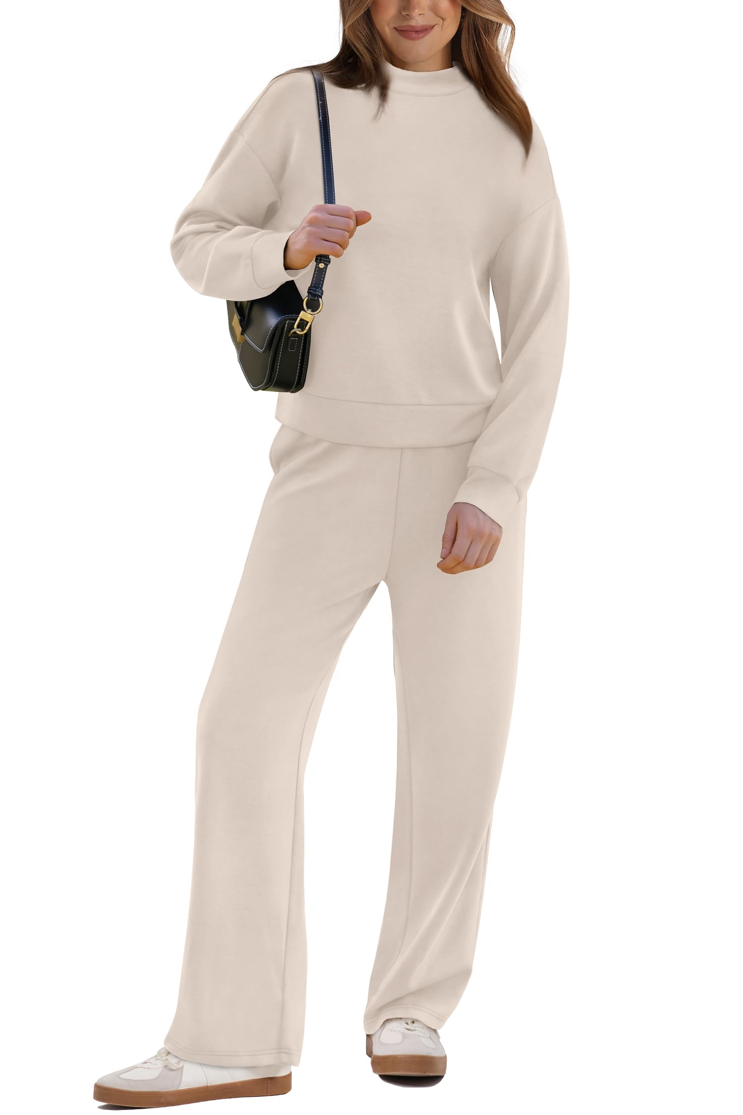 WIHOLL Women's Two Piece Lounge Set - Mock Neck Top & Wide Leg Pants for Fall | Comfy Travel Outfit for Vacation & Airport | Casual Chic Loungewear for Home & Outings