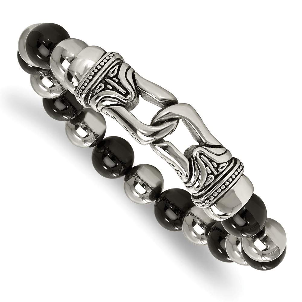 10mm Wide Stainless Steel Polished Black Agate Stretch Bracelet - Elegant Jewelry Gift for Women | Perfect for Casual Wear, Office & Special Occasions