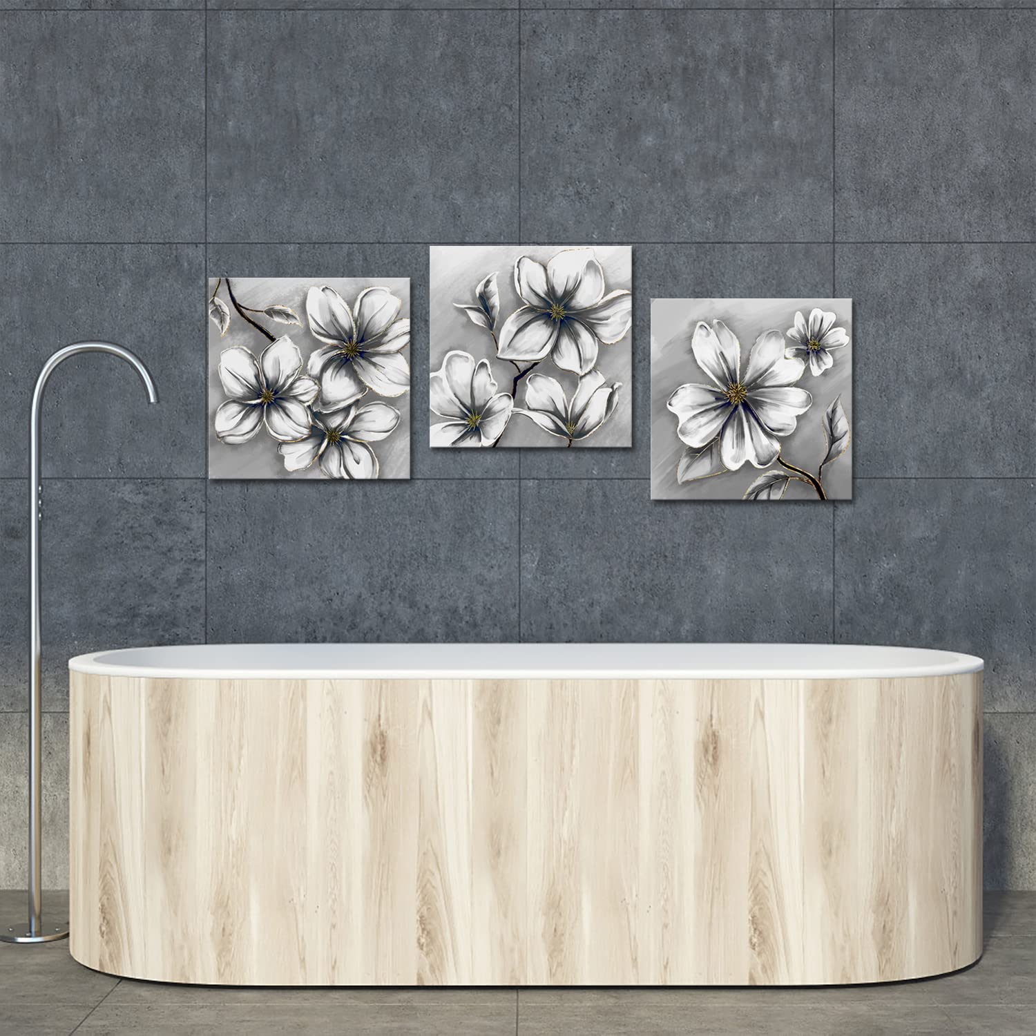 Fushvre 3-Panel Grey Magnolia Flower Canvas Wall Art - Modern Floral Painting for Living Room, Bedroom & Office Decor - Stretched & Ready to Hang - Perfect for Home, Wedding Gift & Interior Design