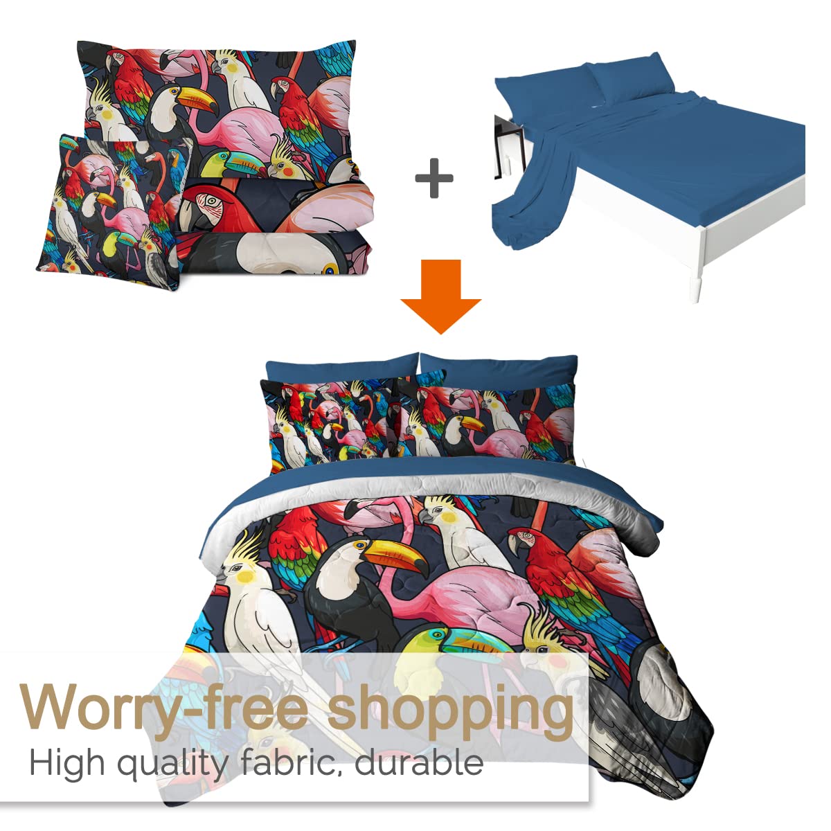 BlessLiving 8-Piece Tropical Bird Comforter Set - Exotic Wildlife Queen Size Bedding with Comforter, Sheets, Pillowcases, Shams & Cushion Cover - Perfect for Jungle Themed Bedrooms & Wildlife Lovers