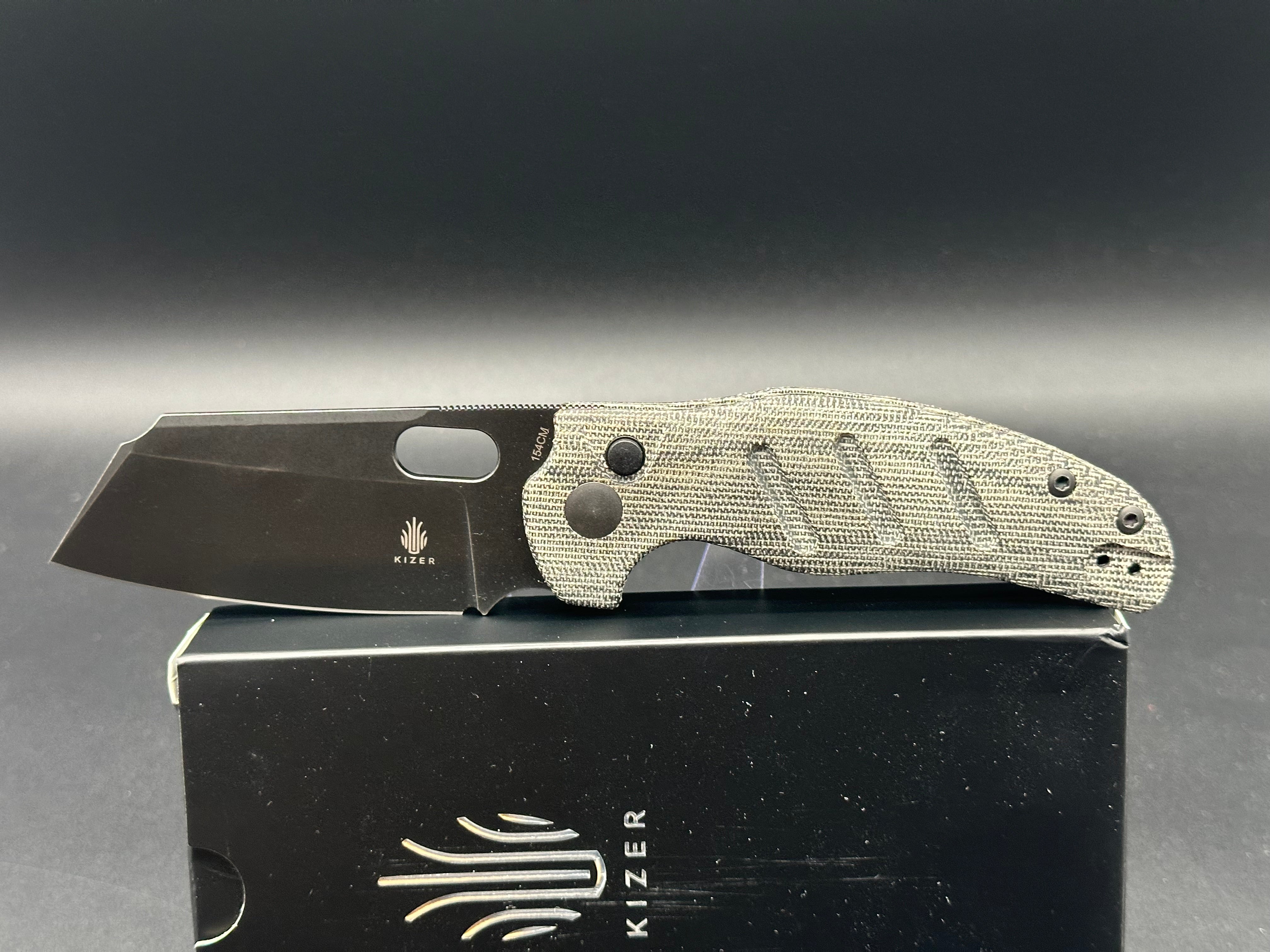 KIZER C01C Sheepdog Pocket Knife - 154CM BlackWash Blade, Button Lock, Micarta Handle (V4488BC1) | EDC Folding Knife for Outdoor, Camping & Everyday Carry