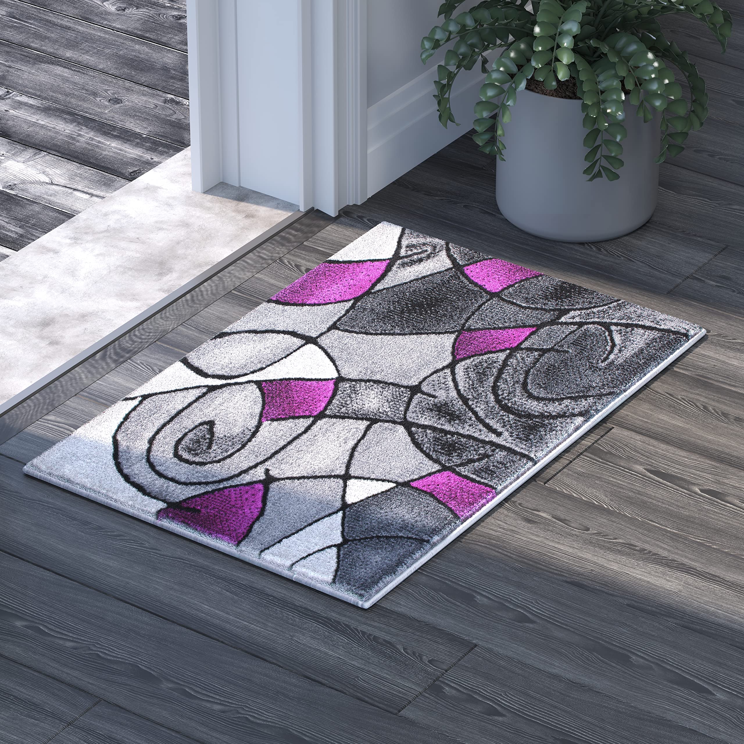 EMMA + OLIVER Soft Abstract Geometric Area Rug - 2x3 Feet Gradient Gray with Purple Accents - Stain & Moisture Resistant Olefin Rug for Living Room, Bedroom, Office Decor