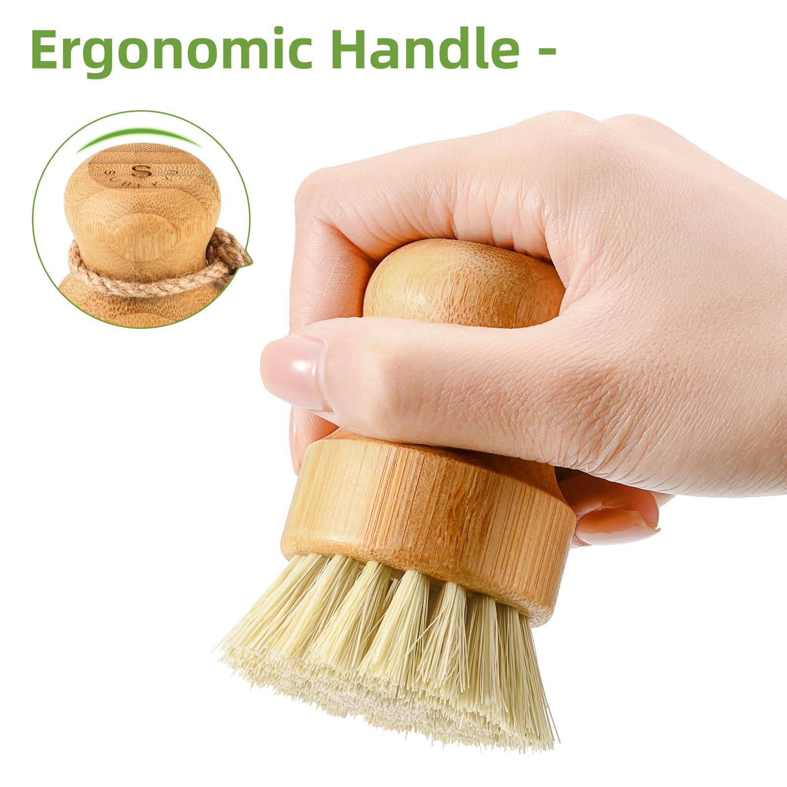 SUBEKYU Eco-Friendly Bamboo Dish Scrub Brushes Set of 3 - Natural Wooden Cleaning Scrubbers for Cast Iron Pans, Pots, Dishes - Perfect for Kitchen Cleaning, Camping & Outdoor Cooking