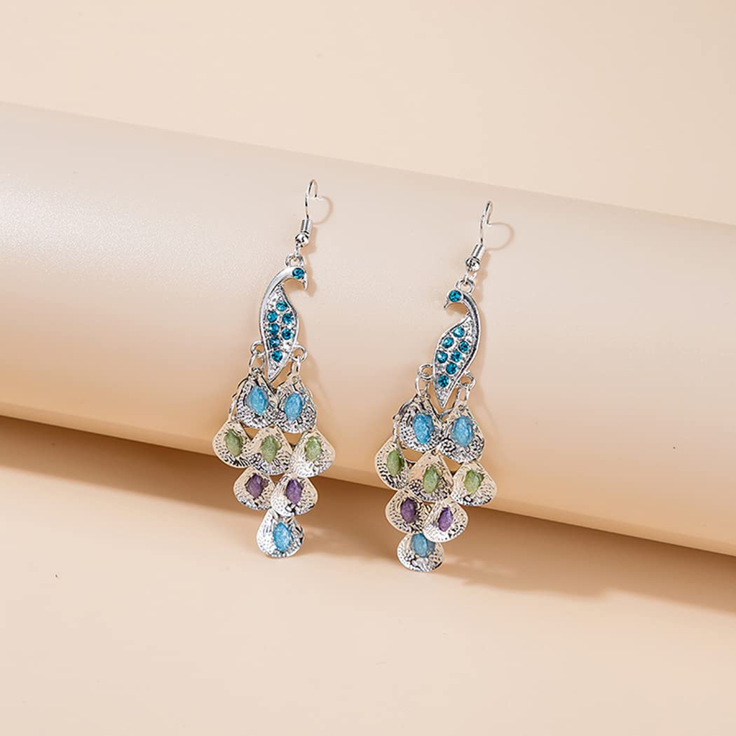 Sparkling Rhinestone Crystal Peacock Earrings for Women | Bohemian Vintage Dangle Drop Earrings | Blue Crystal Feather Statement Jewelry | Silver & Rose Gold Long Tassel Earrings | Perfect for Parties, Weddings & Boho Fashion