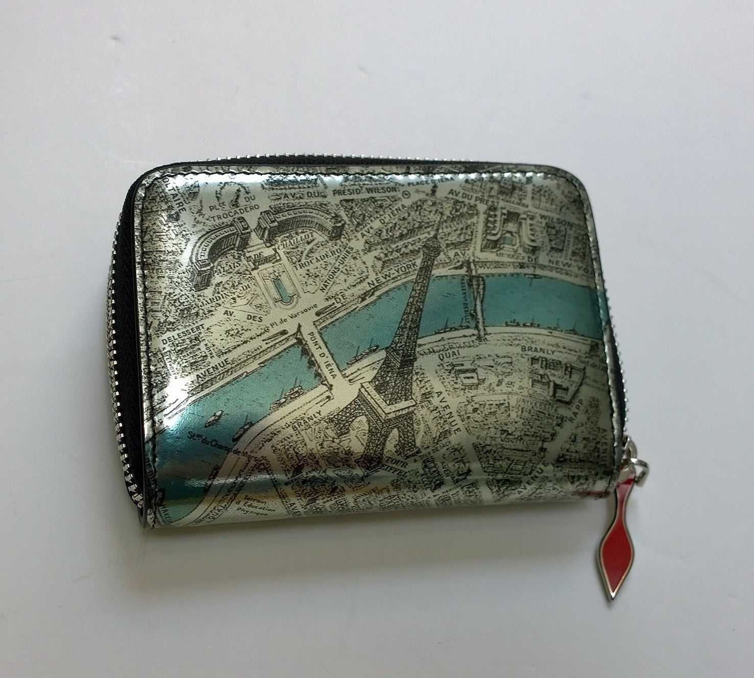 Christian Louboutin Panettone Coin Purse & Card Holder Wallet - Specchio Paln de Paris Etain Map - Perfect for Travel, Parties & Everyday Use