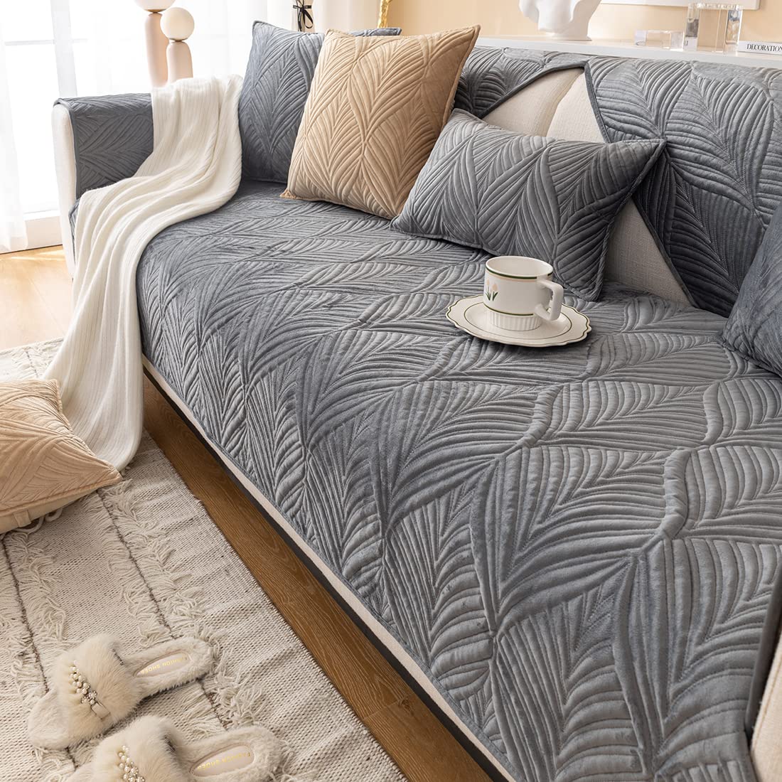 VCTOPS Super Soft Velvet Quilted Sofa Cover - Non-Slip Sectional Couch Slipcover with Leaf Pattern, Plush Furniture Protector for Pets & Kids (Grey, 36x82 inches) - Perfect for Living Room, Family Room & Pet-Friendly Homes