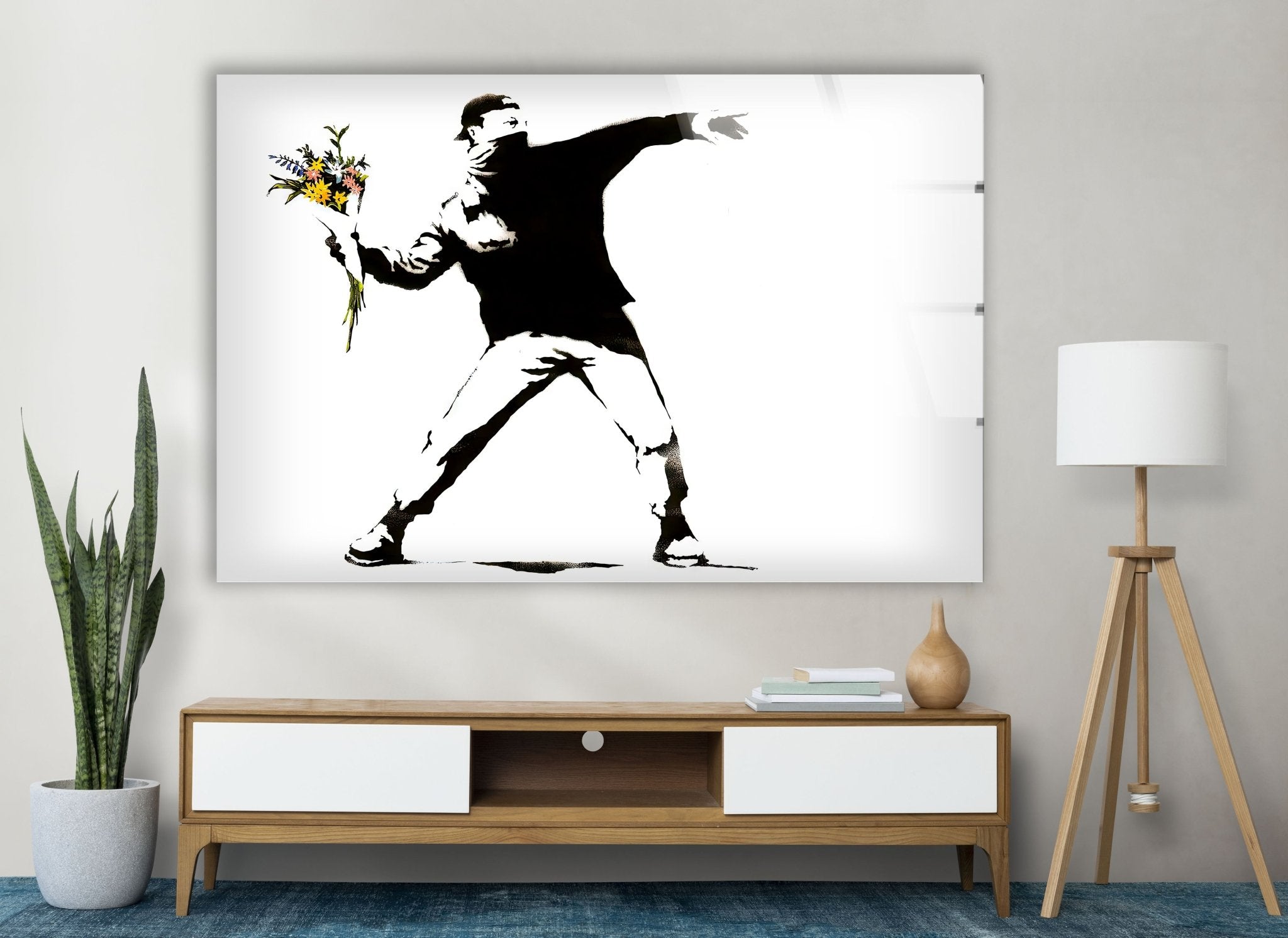 Banksy Flower Thrower Glass Wall Art - Stunning Framed Home Decor for Living Room, Bedroom & Office - Unique Gift Idea for Art Lovers