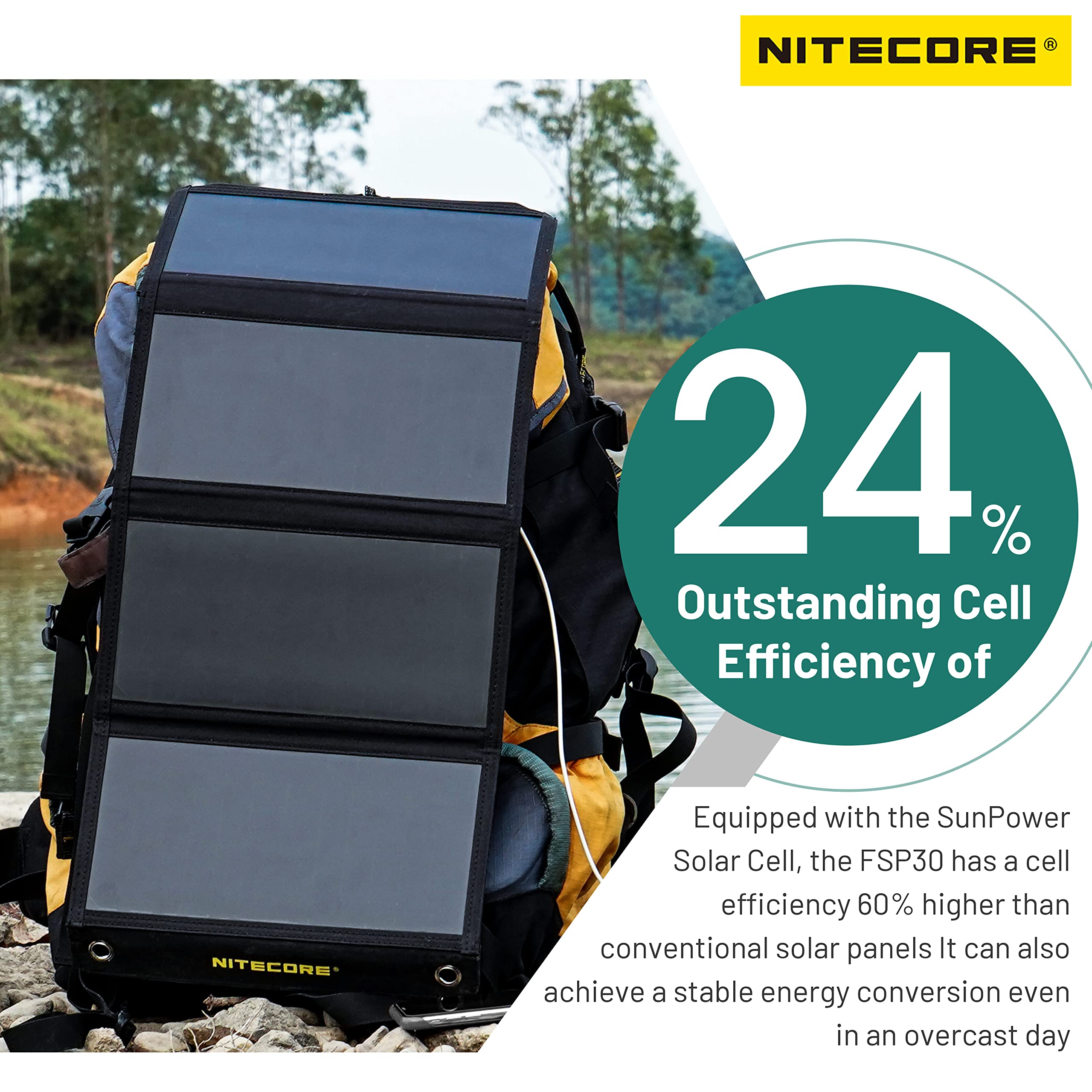 NITECORE FSP30 30W Foldable Solar Charger with PD 18W USB-C Fast Charging, 3 USB Ports & 4 Panels - Portable Solar Panel for Outdoor Camping, Hiking, Emergency Power - Compatible with iPhone, Android Phones, Tablets, and USB Devices