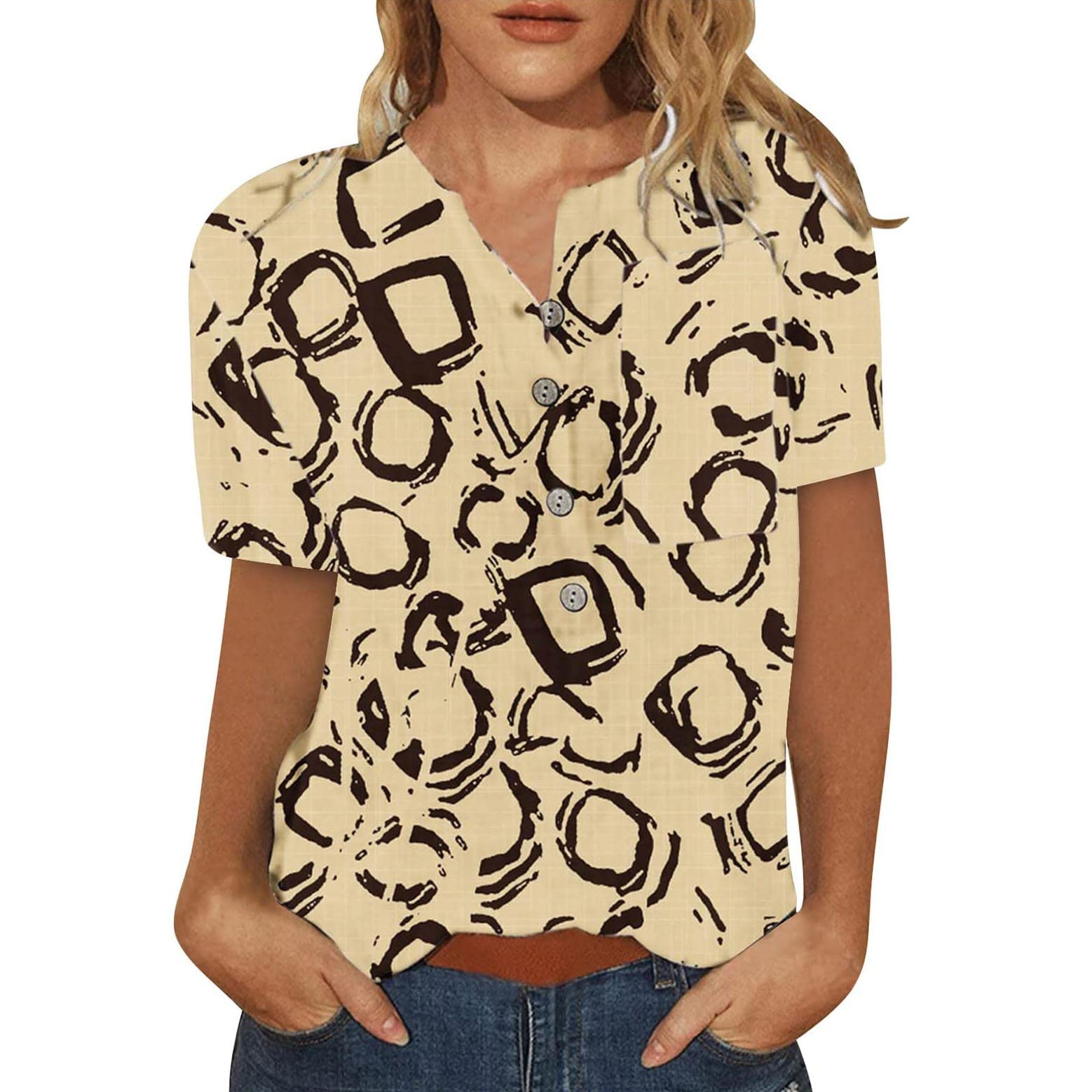 Women's Short Sleeve Printed Blouse - Summer Casual Button Neck T-Shirt & Dressy Top | Trendy Ladies Fashion Tee (Yellow, Small) | Perfect for Office Wear, Date Nights & Summer Outfits