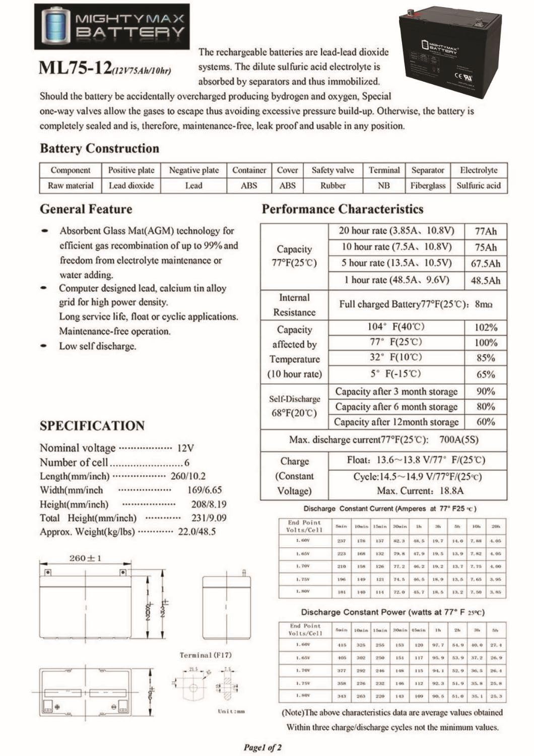 Mighty Max Battery ML75-12 12V 75Ah SLA Rechargeable Deep Cycle Battery - Replacement for National Power AT264F1 - Perfect for Solar Systems, UPS Backup, and Marine Applications