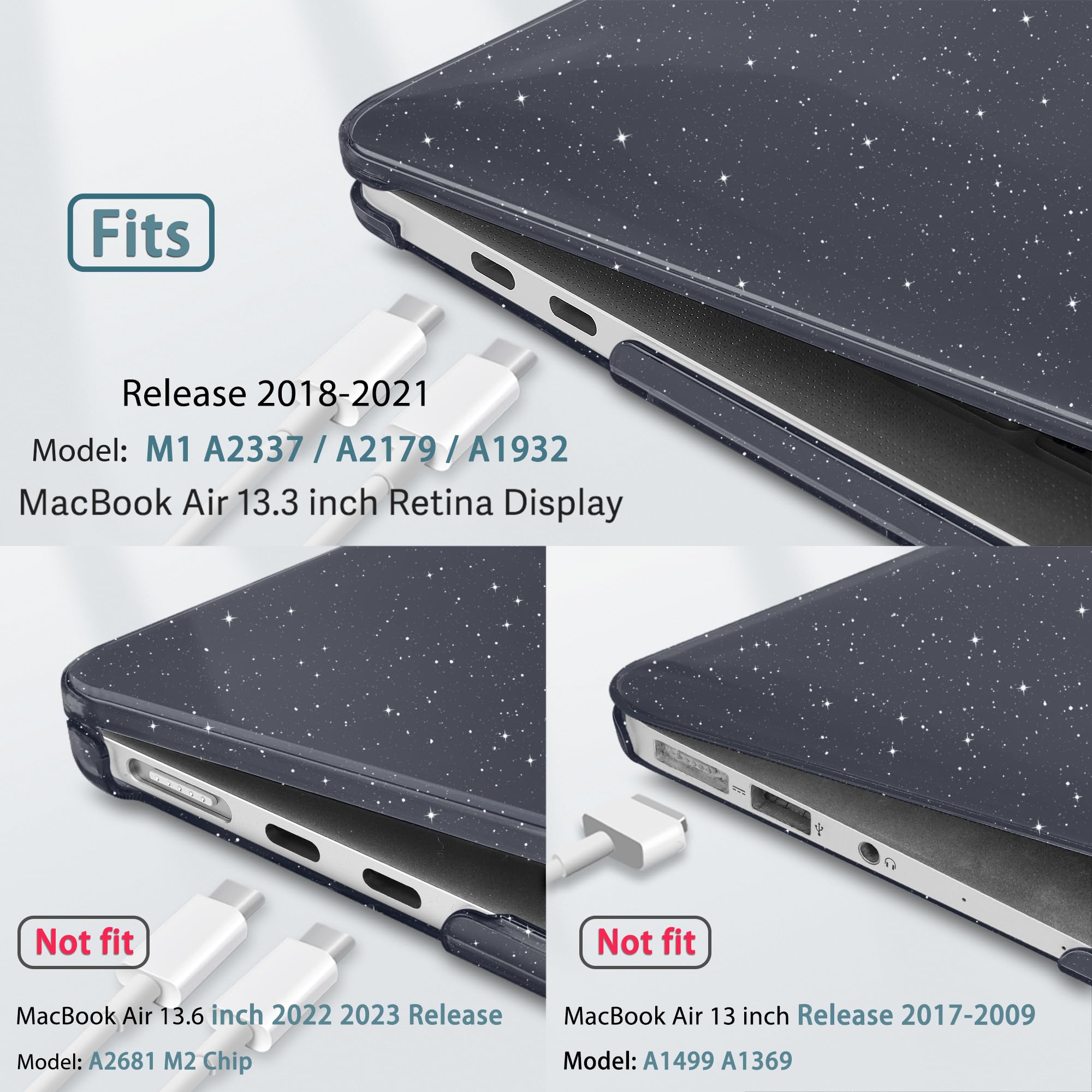 May Chen Hard Plastic Protective Case for MacBook Air 13 Inch (2021/2020/2019/2018 Models M1 A2337 A2179 A1932) - Glitter Black Keyboard Cover Compatible with Retina Display | Perfect for Work, Travel & School Protection