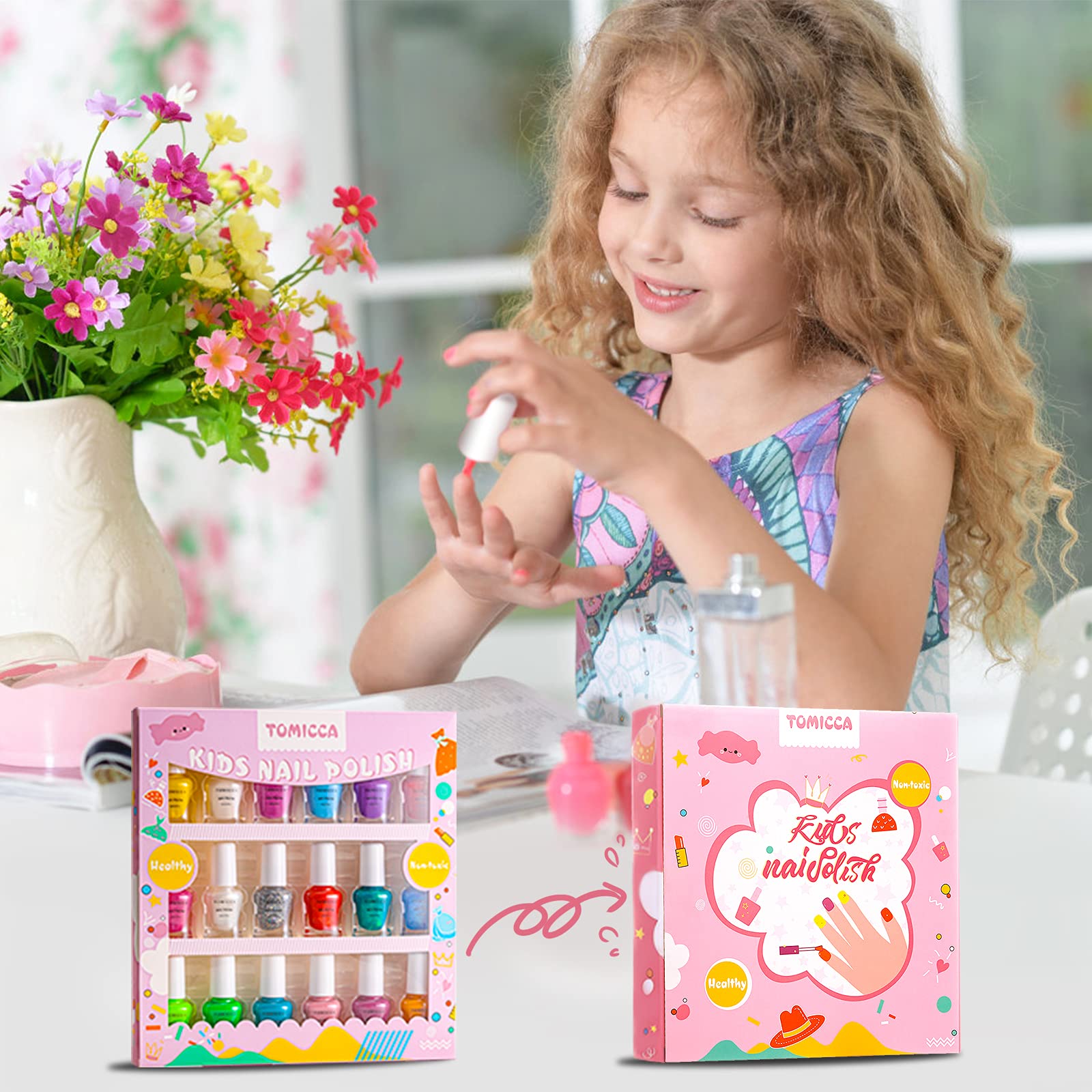 TOMICCA Kids Non-Toxic Peel Off Nail Polish Set - 18 Pcs Water-Based Safe Quick Dry Nail Paint Kit with Nail Separator Stickers | Perfect Birthday Gift for Girls Ages 3+ | Fun for Parties, Playdates & Creative Play