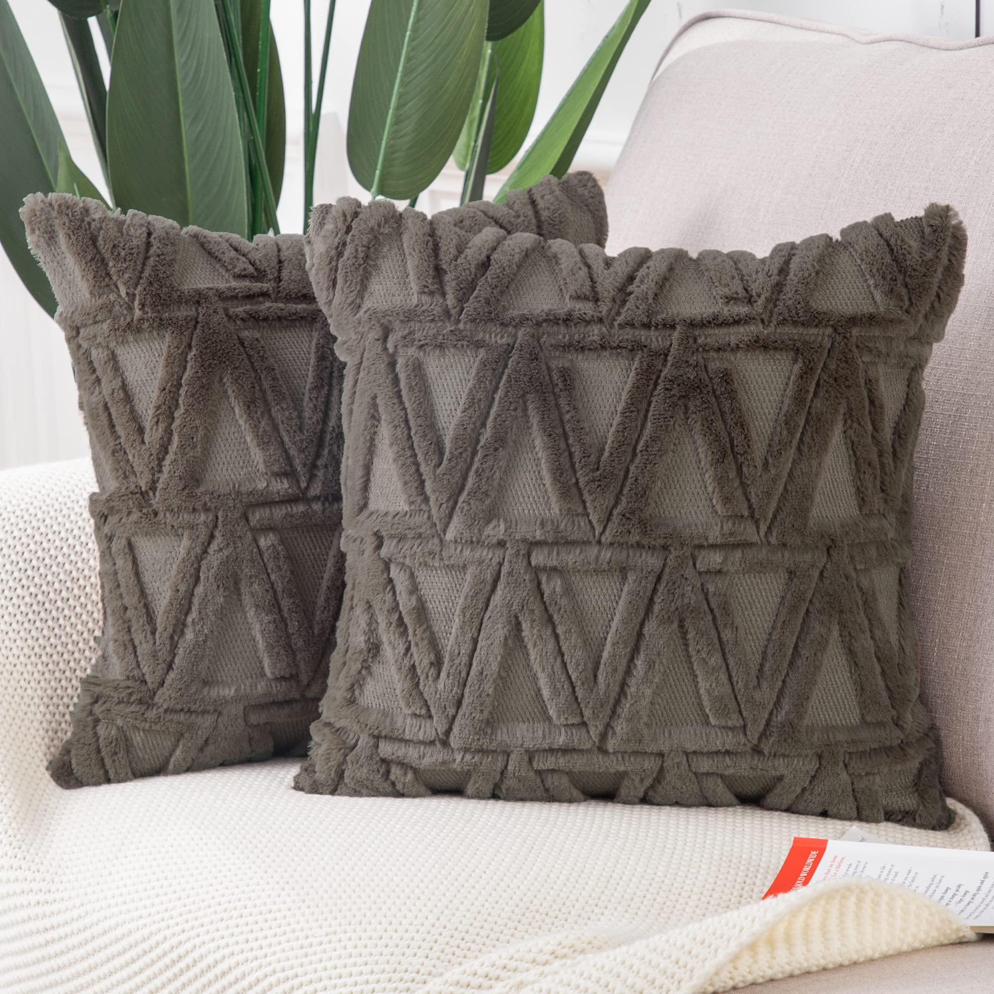 Soft Taupe Plush Wool Throw Pillow Covers Set of 2 - Super Soft Boho Velvet Decorative Pillow Cases for Sofa, Bed, Couch - 20x20 Inch Textured Home Decor - Perfect for Living Room, Bedroom & Cozy Home Styling