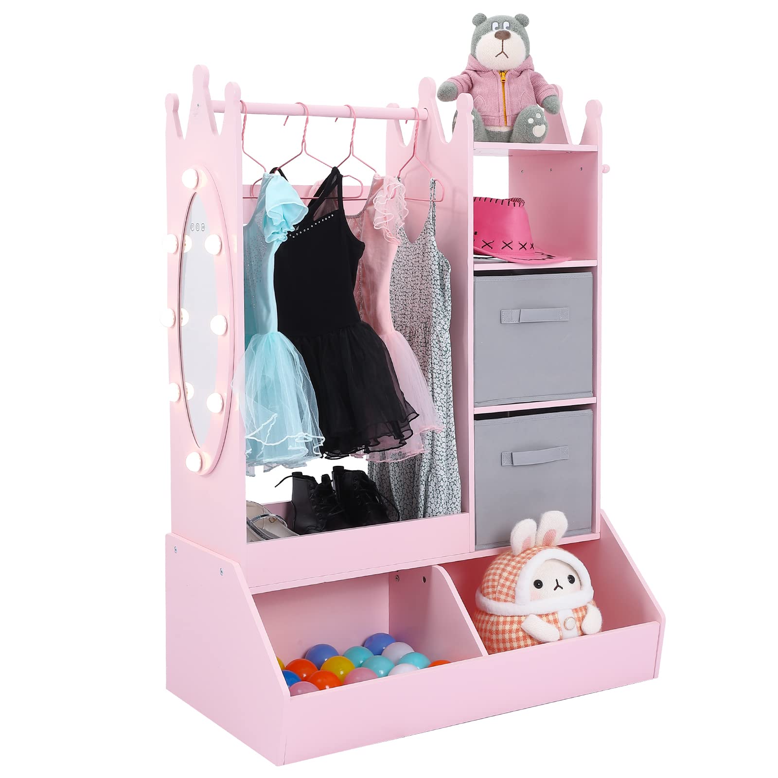 Bophy Girls' Dress Up Storage Organizer with LED Light & Mirror - Kids Clothing Rack with Storage Bin, Open Hanging Armoire Closet for Bedroom (Pink) - Perfect for Organizing Dresses, Costumes & Accessories in Kids Room or Play Area