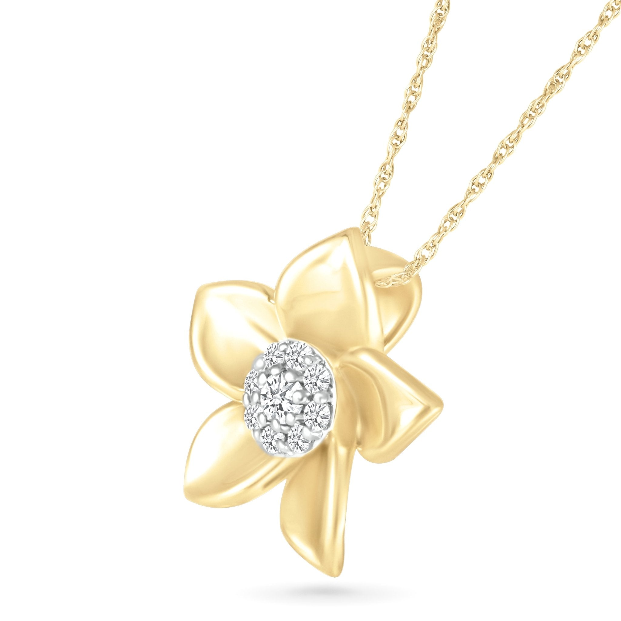 10K Yellow Gold Diamond Pave Flower Pendant Necklace - Elegant Floral Jewelry for Women, Perfect Gift for Anniversary, Birthday and Valentine's Day