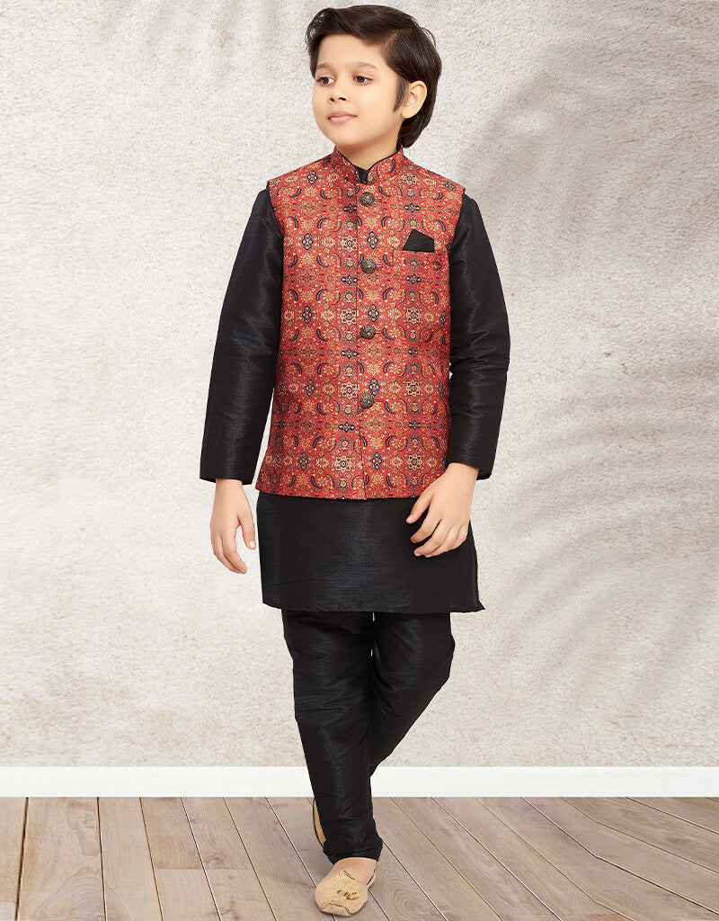 Elegant Black Kurta Pajama Set - Premium Banarasi Silk with Traditional Print - Perfect for Festivals, Weddings & Ethnic Occasions