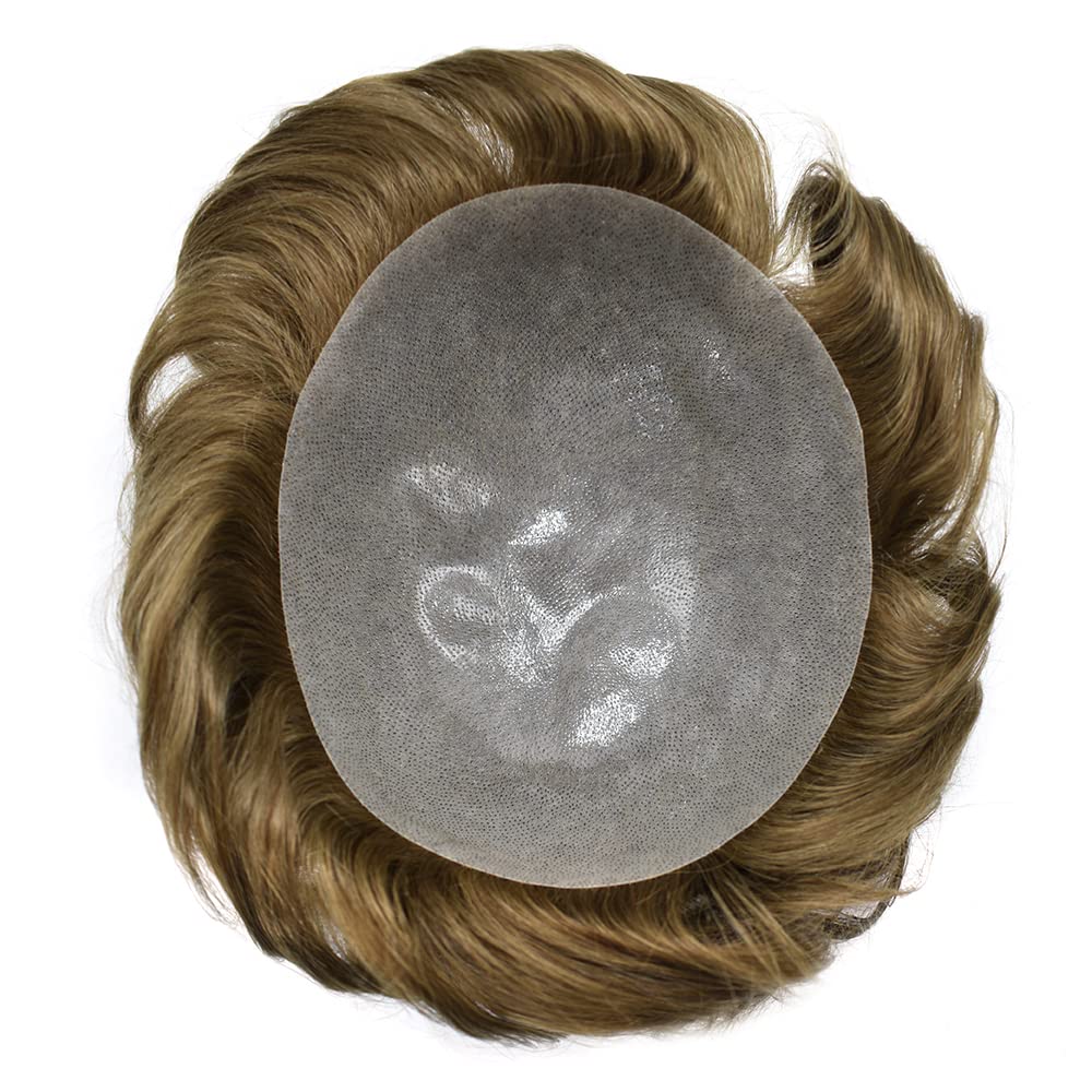 100% European Human Hair Toupee for Men - 0.12mm Thin Skin V-looped Hair Replacement System with Durable Poly Base (7