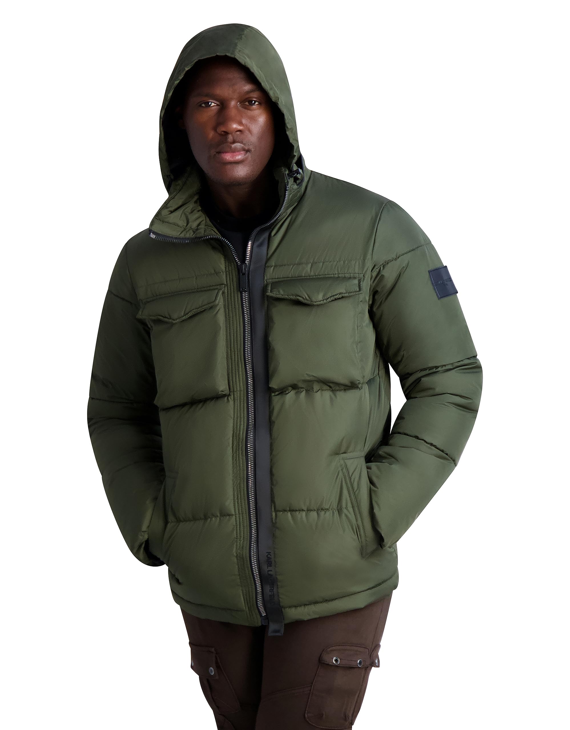 KARL LAGERFELD Men's Quilted Zip-Out Hood Puffer Jacket - Lightweight Winter Coat with Detachable Hood for Outdoor Activities & Casual Wear