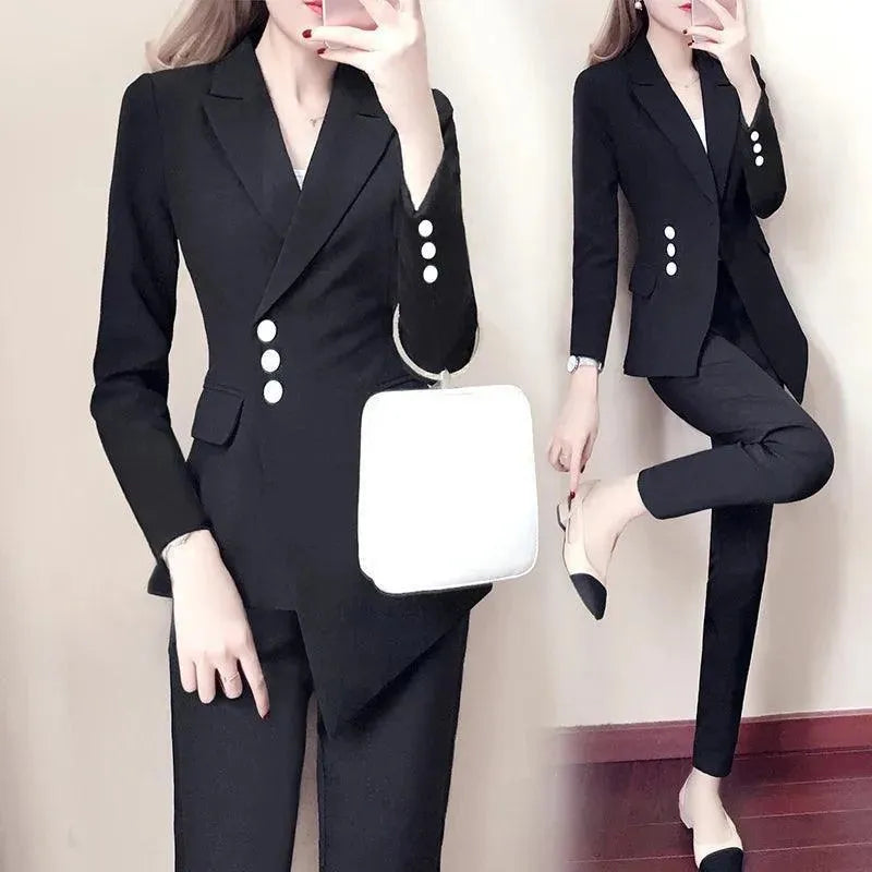 Women's Irregular Pant Suit with Side Buttons - Stylish Office Wear & Business Casual Outfit for Professional Women