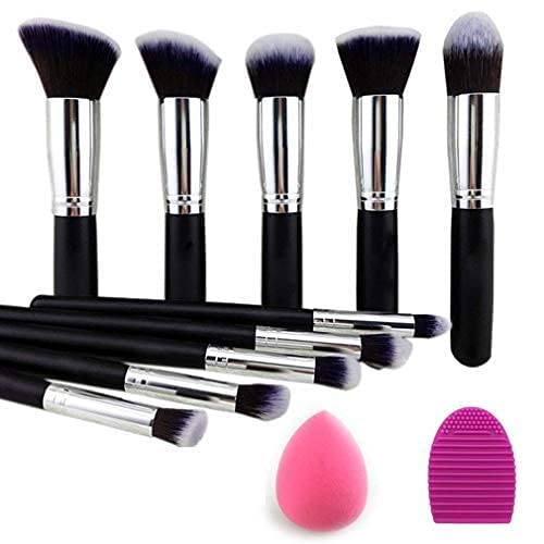 Beggie Premium 10-Piece Makeup Brush Set - Synthetic Foundation Powder Blush Eyeshadow Brushes with Blender Sponge & Brush Cleaner (Black/Silver) - Perfect for Professional Makeup Artists & Beauty Enthusiasts