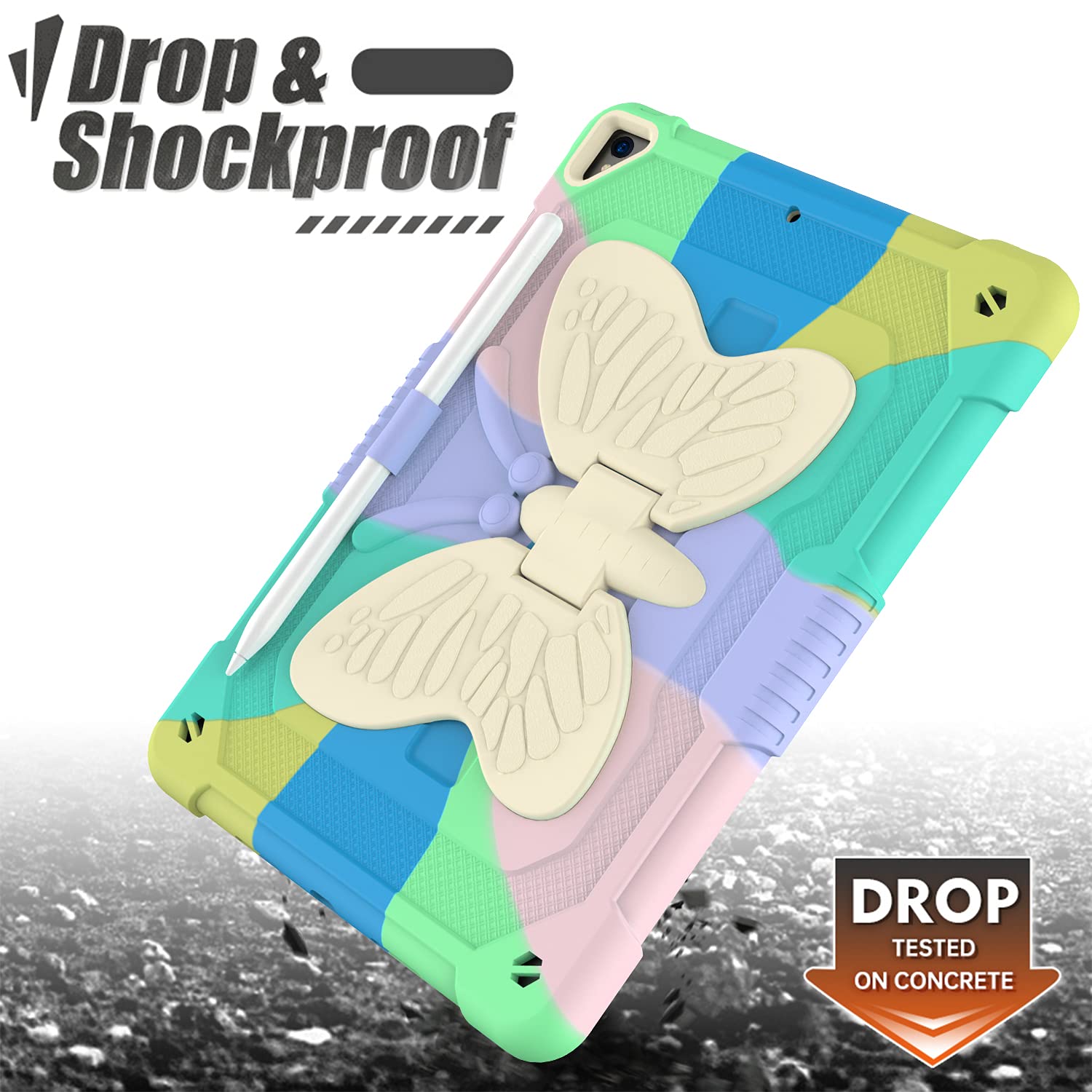 **Shockproof Silicone Kids Case for iPad 9th/8th/7th Generation 10.2 Inch (2021/2020/2019) - Cute 3D Butterfly Design with Kickstand, Durable Protective Cover for Boys & Girls (Colorful Green) - Perfect for School, Travel & Playtime**
