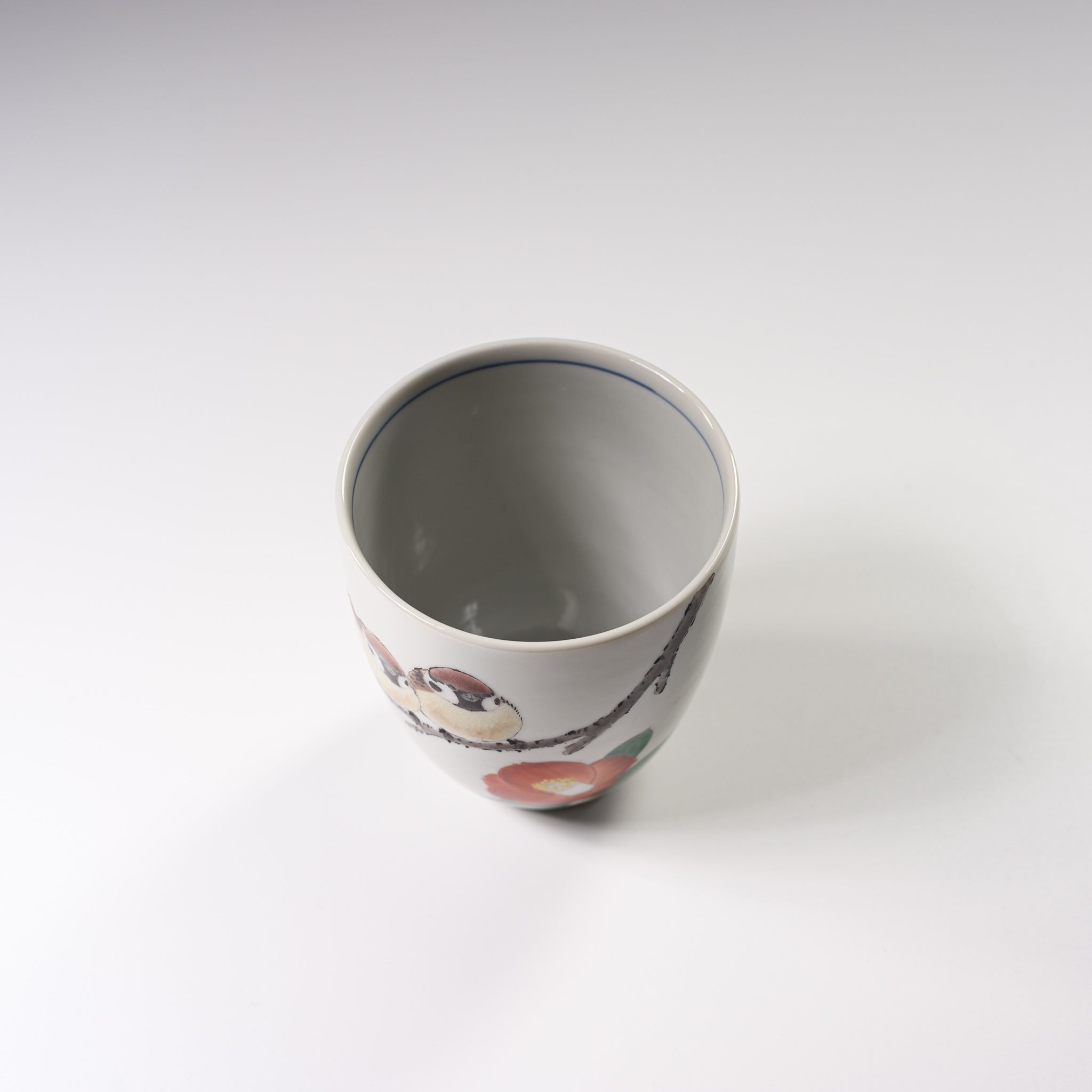 Authentic Kutani Ware Yunomi Tea Cup - Nakamura Toshito Handcrafted Sparrow & Camellia Design - Japanese Ceramic Tea Cup for Matcha, Green Tea, or Daily Use - Perfect Gift for Tea Lovers