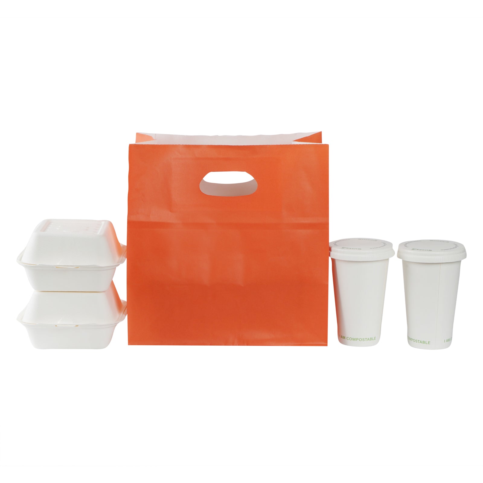 Eco-Friendly Rectangle Tangerine Orange Paper Take Out Bags with Handles - 11 x 7 x 11 Inches (100 Count) - Perfect for Restaurants, Cafes & Catering Businesses