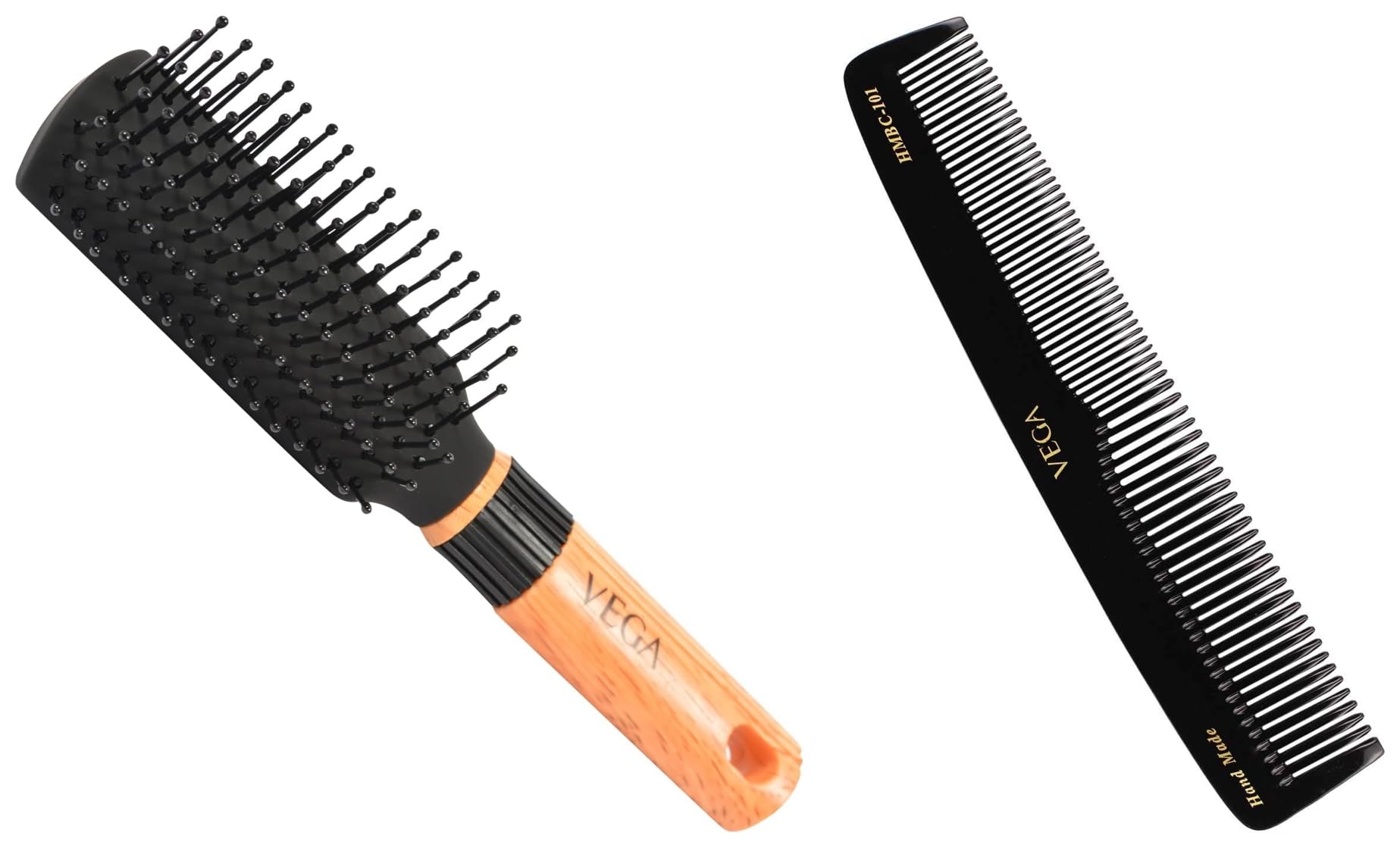 Vega Mini Flat Brush with Wooden Handle & Black Bristles - Vega Graduated Dressing Comb 9 Inch Black - Perfect for Hair Styling, Detangling & Salon Use
