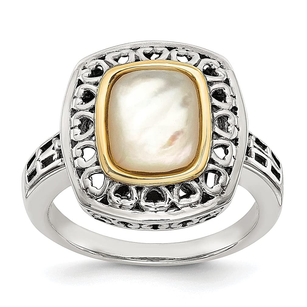 Shey Couture 925 Sterling Silver 14k Gold Accent Mother of Pearl Band Ring - Elegant Shell Jewelry for Women, Perfect Gift for Her - Ideal for Weddings, Anniversaries & Special Occasions