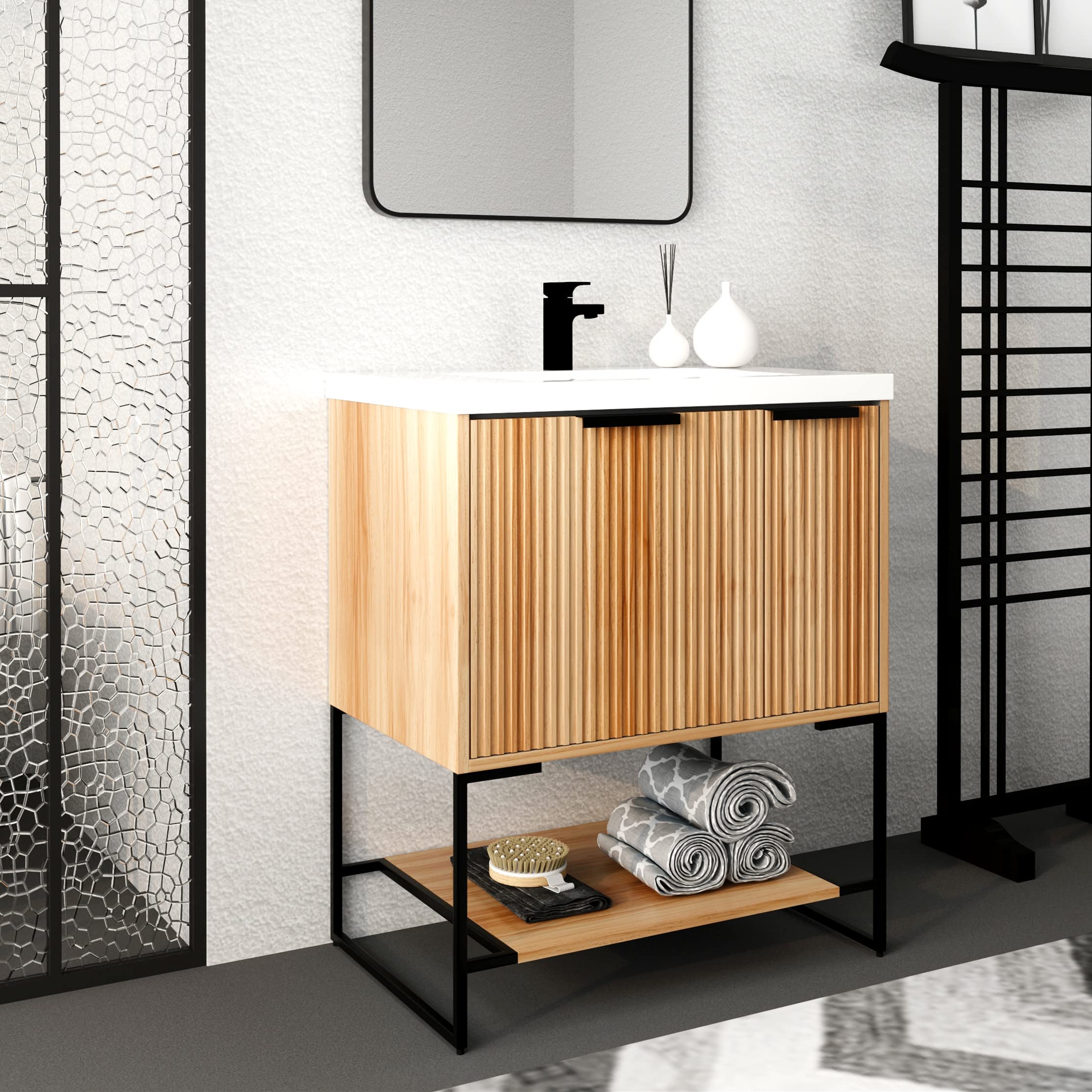 Yoluckea 30-Inch Modern Maple Wood Bathroom Vanity Set with Resin Sink Basin - Freestanding Small Bathroom Cabinet with Drawer, Door & Storage Shelf - Perfect for Compact Spaces, Powder Rooms & Apartment Bathrooms