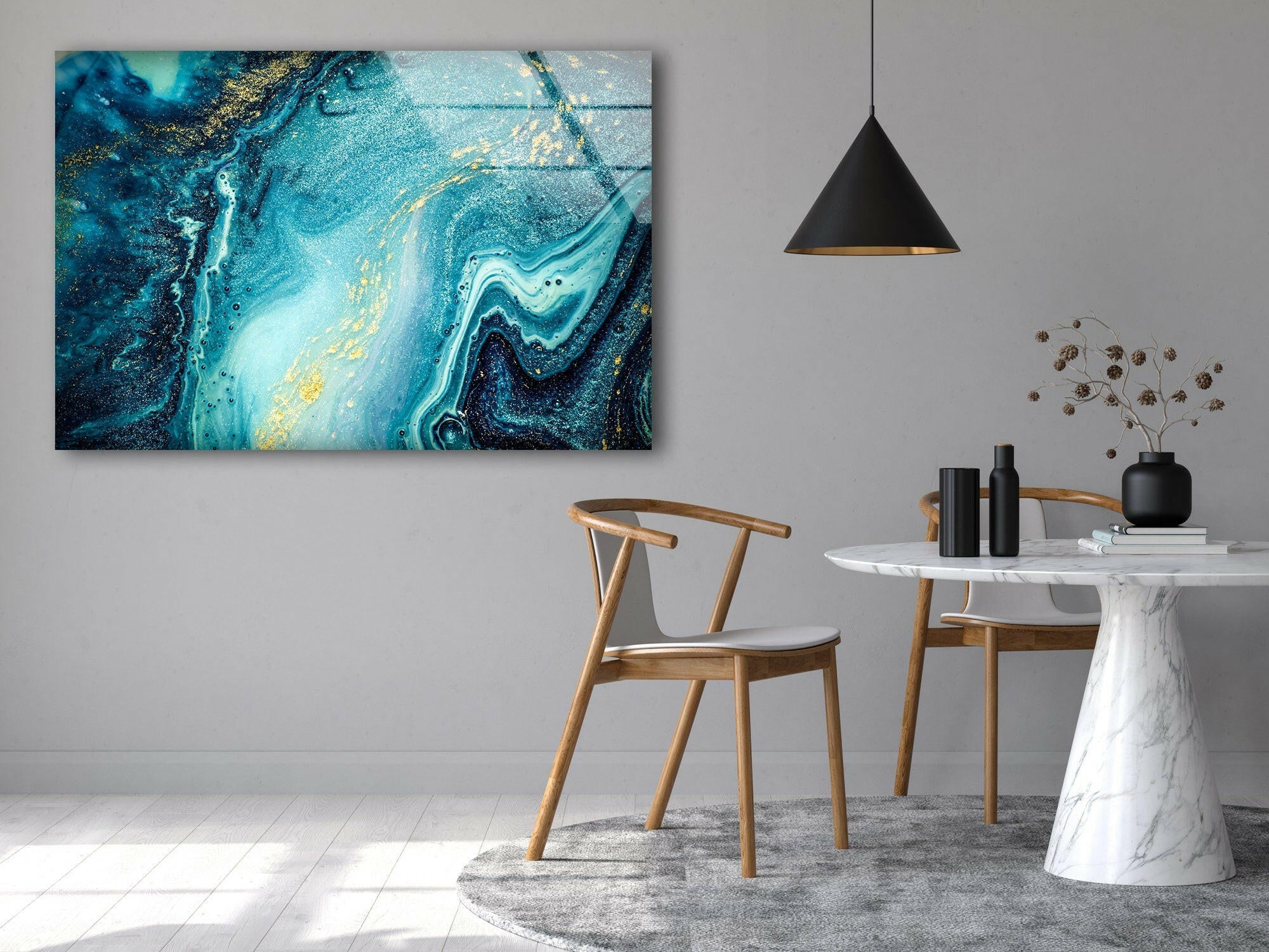 Blue & Gold Abstract Alcohol Ink Glass Wall Art - Handmade Modern Home Decor for Living Room, Bedroom, Office - Unique Gift Idea for Housewarming & Holidays