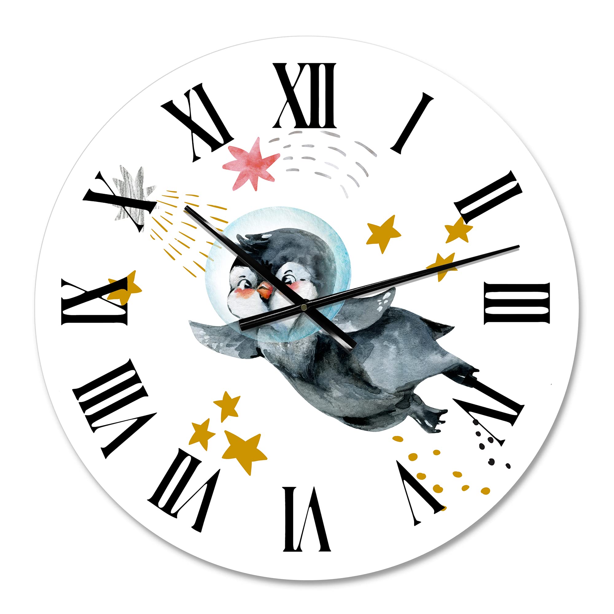 Farmhouse Wall Clock - Large Penguin Flying with Stars & Planets Design, Perfect for Bedroom, Living Room & Kitchen Decor | Silent Non-Ticking Wall Clock for Home & Office