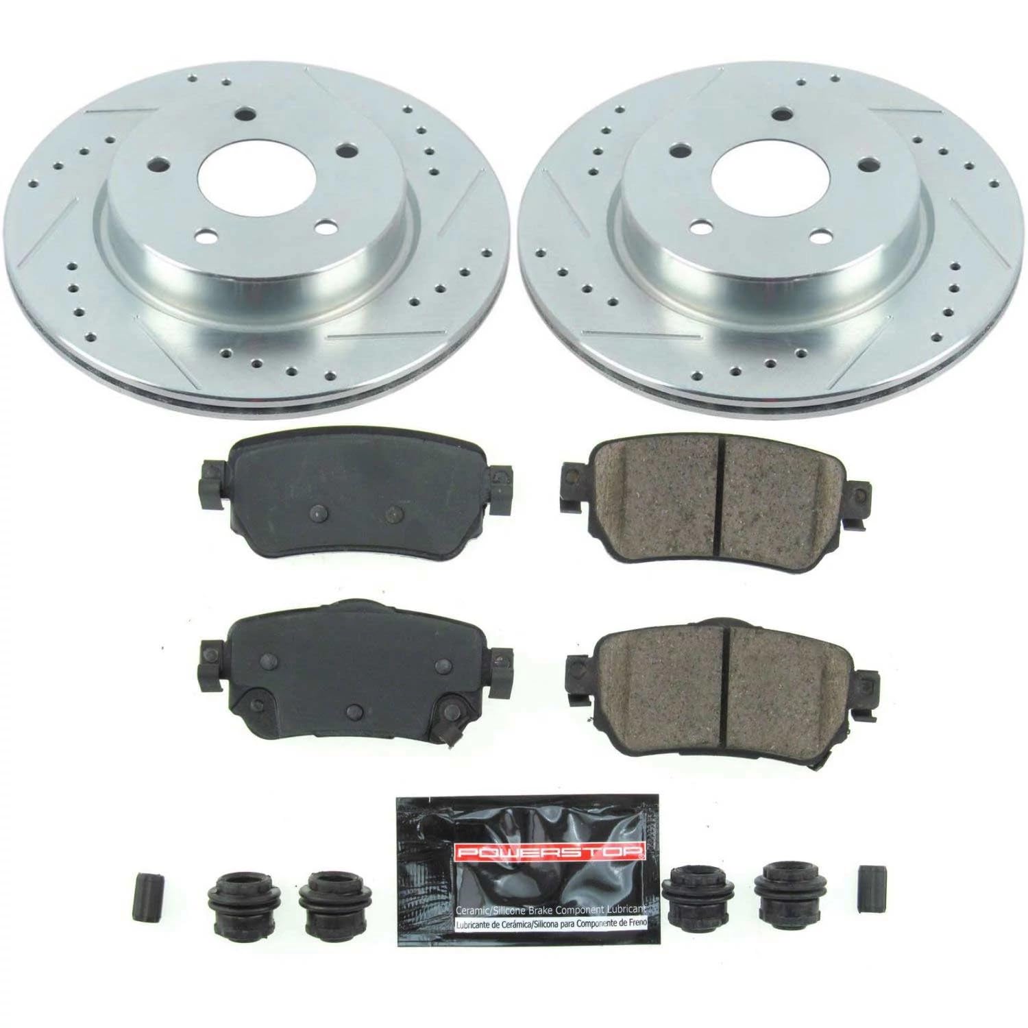 Power Stop K8313 Rear Z23 Carbon Fiber Brake Pads & Drilled Slotted Brake Rotors Kit - High Performance Braking for Cars, Trucks, SUVs - Perfect for Racing, Towing & Daily Driving