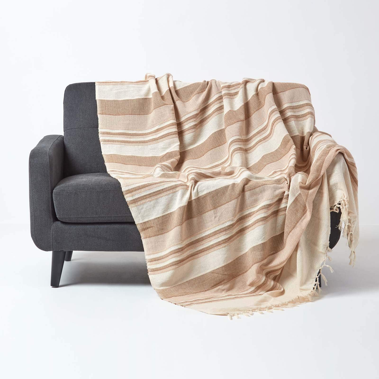 100% Cotton Morocco Ribbed Stripe Throw Blanket 100x140 Inches - Soft Beige Sofa Cover & King Size Bedspread - Machine Washable for Easy Care - Perfect for Living Room Decor, Bedroom Coziness & Gift Giving