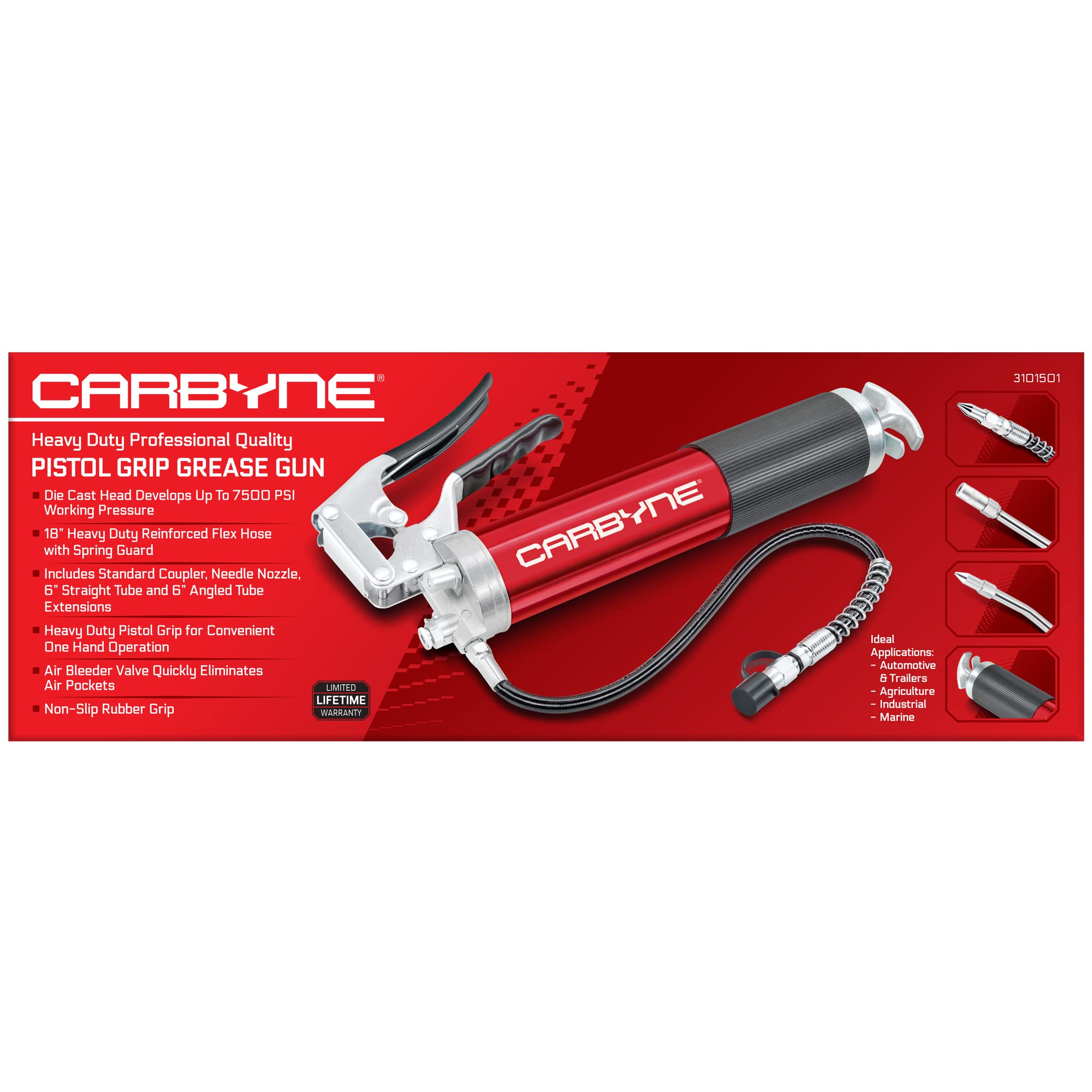 Carbyne Pistol Grip Grease Gun with 12-Piece Accessory Kit | Heavy Duty Lubrication Tool for Automotive, Industrial & Farm Equipment Maintenance