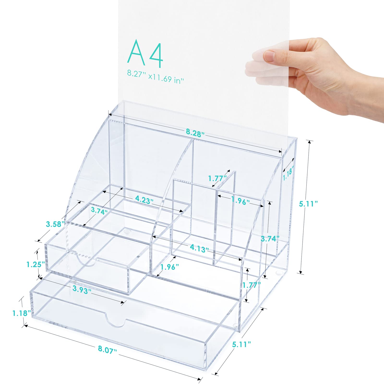ARCOBIS Clear Acrylic Desk Organizer with 5 Compartments & 2 Sliding Drawers - Office Desktop Storage for Pens, Stationery, Paper Clips - Perfect for Home Office, School, and Workspace Organization