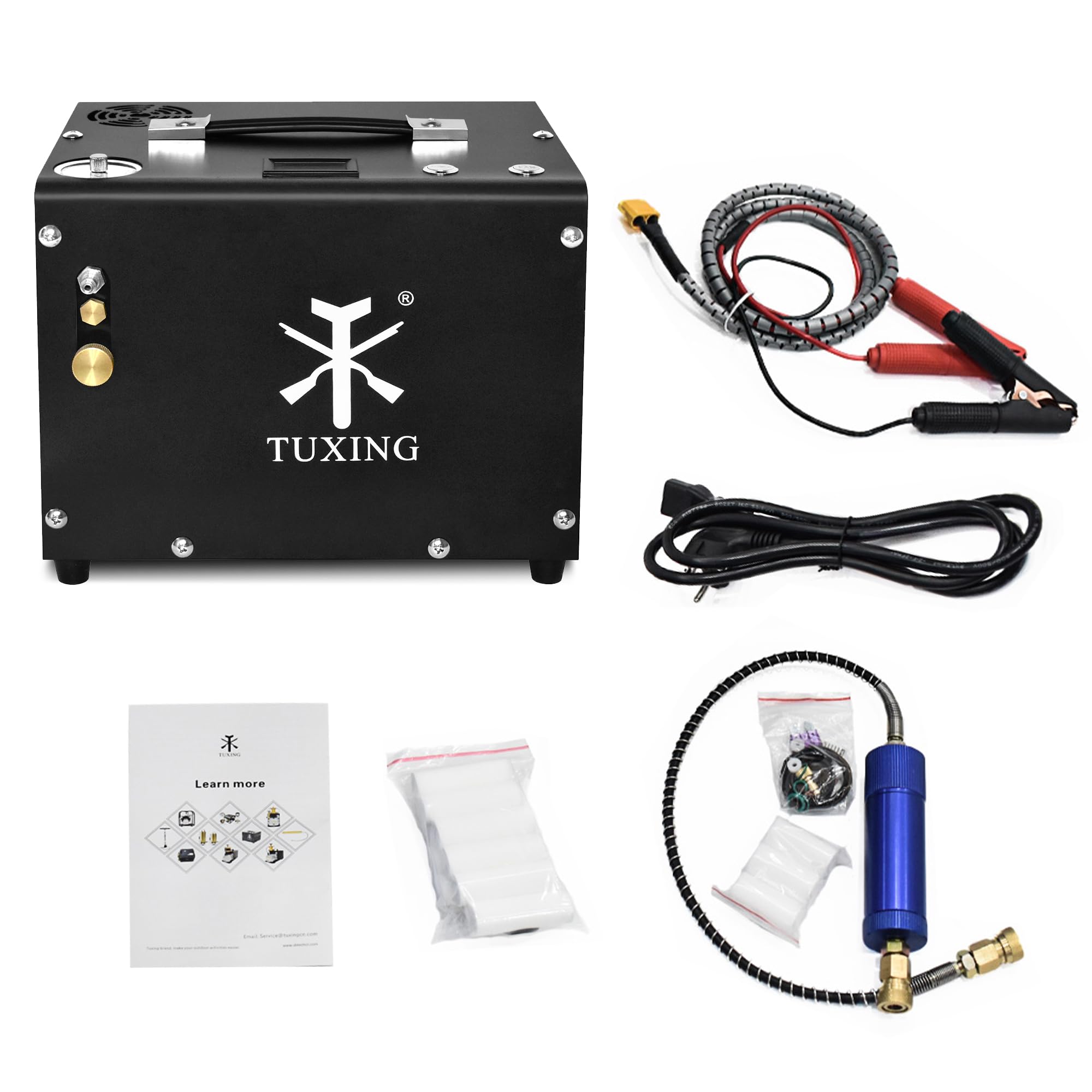 TUXING 4500PSI PCP Air Compressor - Portable High Pressure Air Pump with Auto-Stop, 12V DC & 110V/220V AC Power, Built-in Cooling Fan & Adapter - Perfect for Paintball, Air Rifle, Mini Scuba Tank & PCP Airgun Refilling