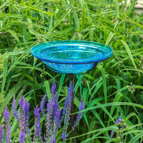 Teal Crackle Glass Birdbath Bowl for Garden Decor - Handmade Crackled Glass Bird Feeder for Outdoor Patio, Yard & Wildlife Habitat
