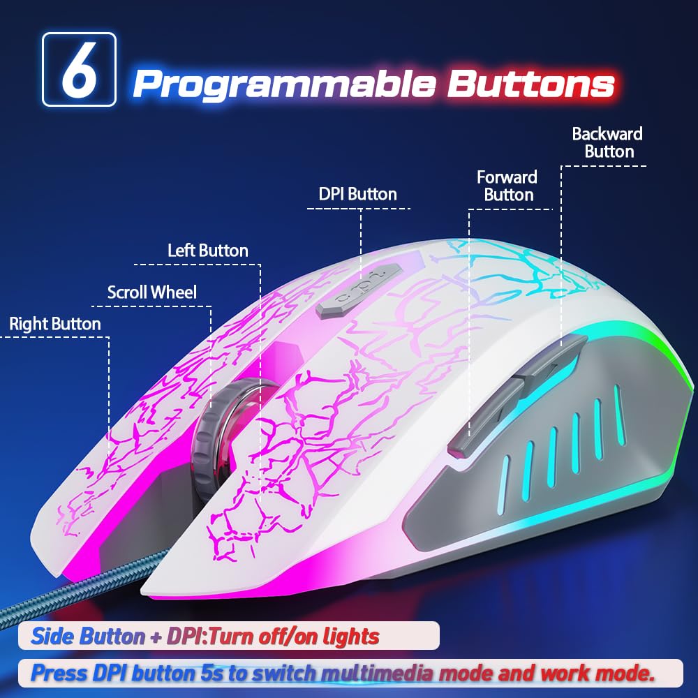 VersionTECH. Wired Gaming Mouse - Ergonomic RGB Backlit Mouse with 7 LED Lights, 6 Programmable Buttons & 4 Adjustable DPI for PC, Laptop, Chromebook, Mac - Perfect for Gaming, Office Work & Graphic Design (White)
