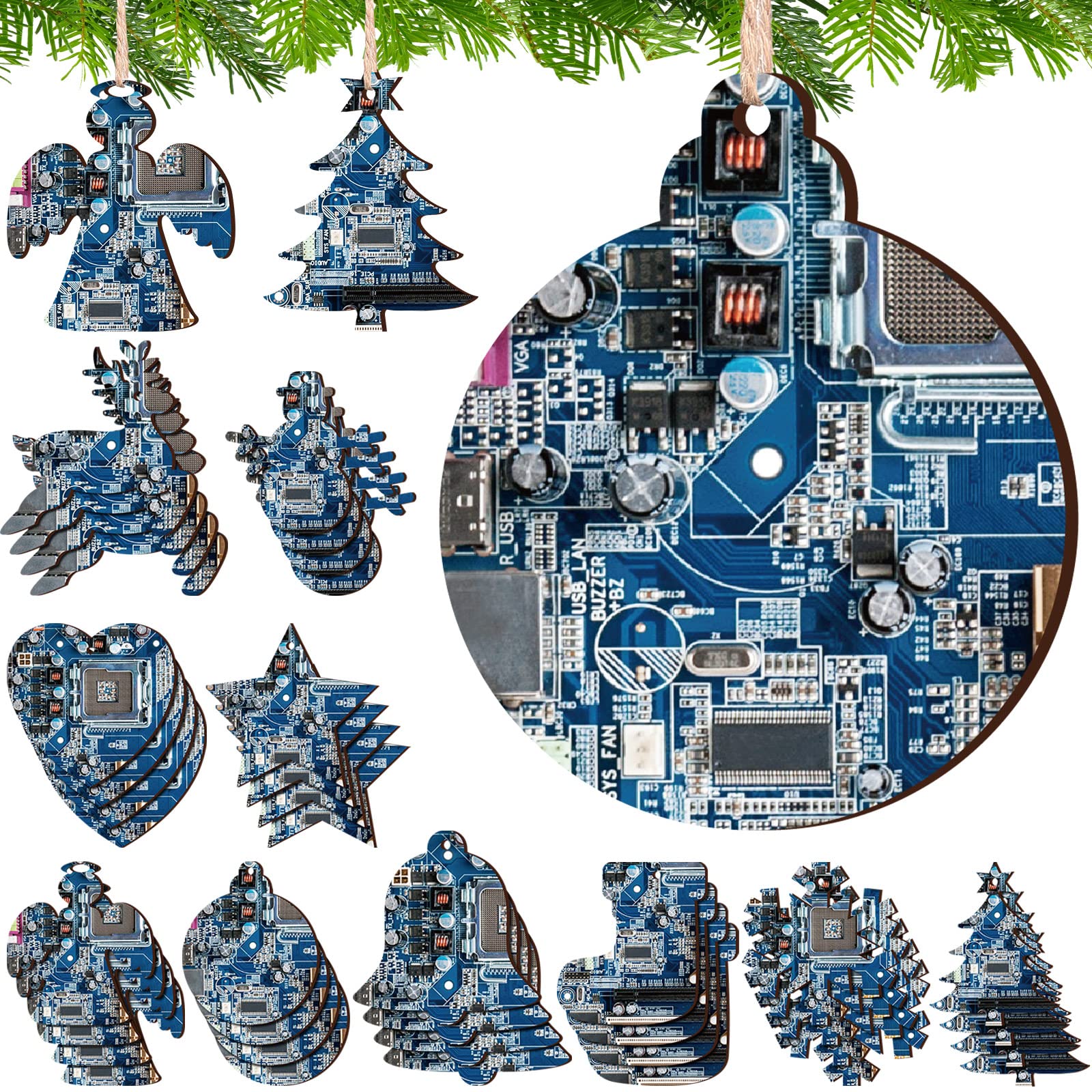 40 Pcs Wooden Christmas Tree Ornaments - Computer Motherboard & CPU Themed IT Gifts for Tech Lovers - Perfect Christmas Decor for IT Husband, Son, Boyfriend or Father - Ideal for Office Party, Home Tree Decor & Geek Gift Exchange