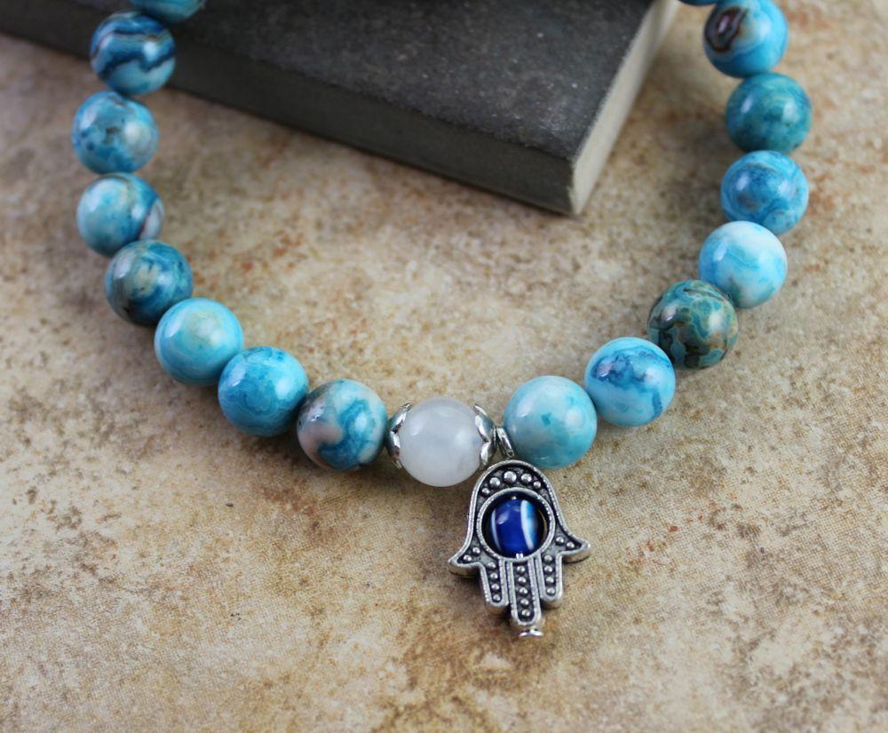 Crazy Lace Agate Hamsa Hand Bracelet - Spiritual Mala Beads for Meditation, Yoga & Protection | Boho Chic Jewelry for Women