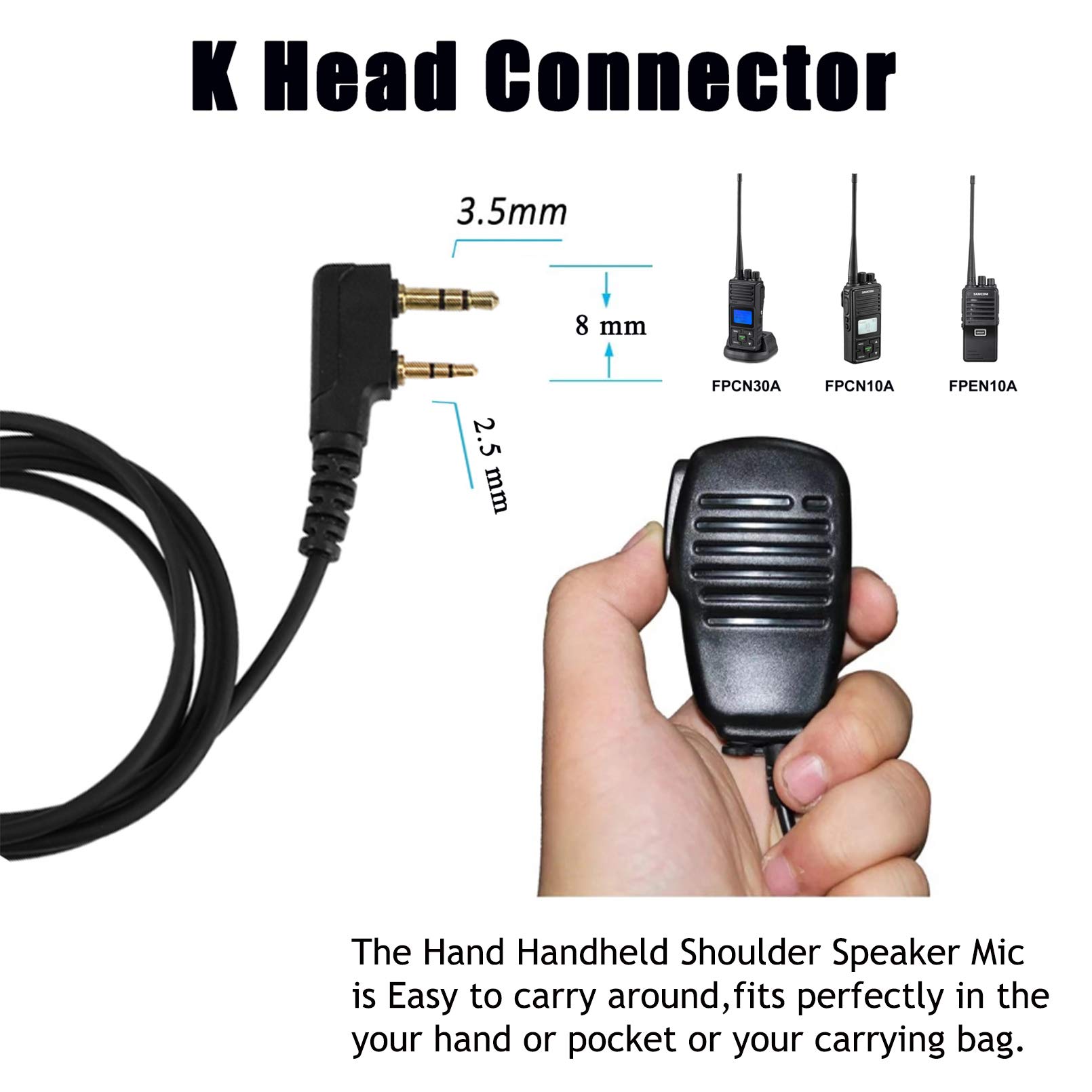 SAMCOM 2 Pin Handheld Shoulder Speaker Mic for Baofeng UV-5R & Retevis Radios - Walkie Talkie Accessory with PTT Button - Compatible with FPCN10A/FPCN30A UHF Two-Way Radios (1 Pack) - Ideal for Outdoor Adventures, Construction Sites & Emergency Communication