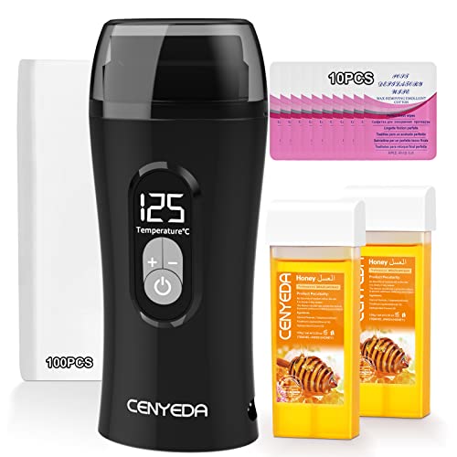 Honey Wax Roller Kit for Women - Digital Roll On Wax Warmer for Hair Removal, Includes 2 Cartridge Refills & 100 Wax Strips | Painless Depilatory Waxing for Legs, Arms & Bikini Line | At-Home Salon Quality Hair Removal