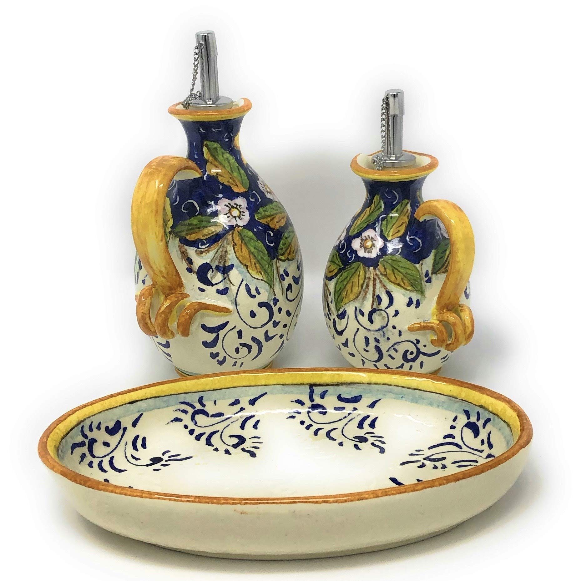Italian Hand-Painted Tuscan Ceramic Oil and Vinegar Cruet Set with Lemon Decorated Tray - Artisanal Pottery Made in Italy | Perfect for Kitchen, Dining Table & Tuscan-Themed Home Decor
